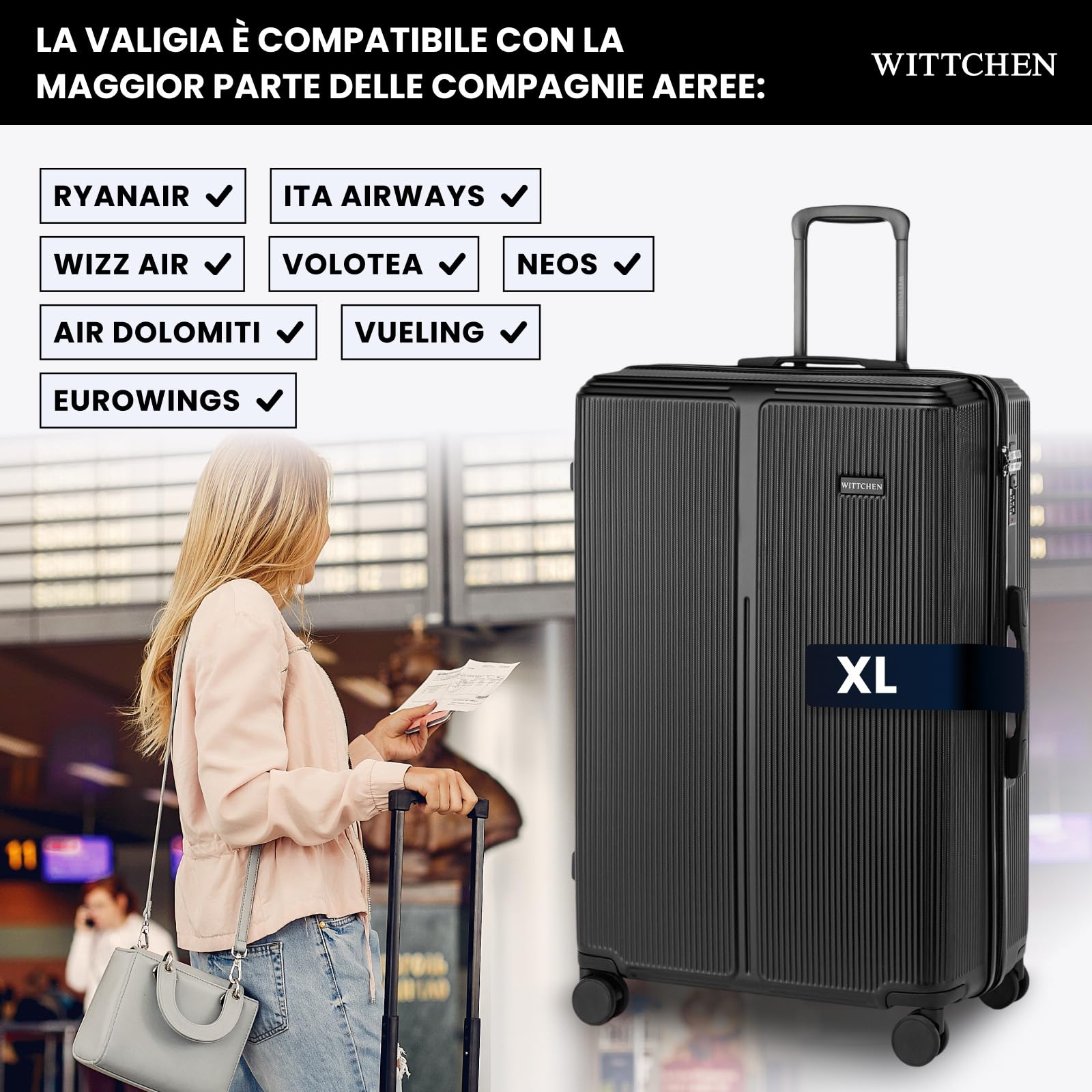 WITTCHEN Stripes Line Valigia grande (XL) | 76,5 × 50 × 29 cm (96 L), ABS rigido, 4 ruote 360° e lucchetto a combinazione | Trolley grande formato XL, Ryanair/ITA Airways - Colore: Nero