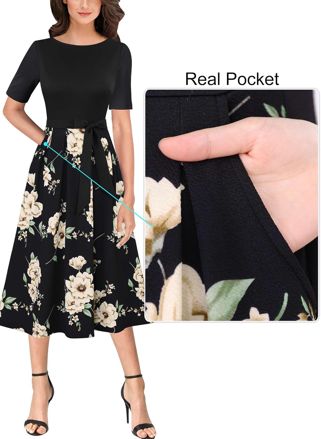 VFSHOW Womens Elegant Patchwork Pockets Pleated Work Office Business Casual Party Belted A-Line Midi Dress