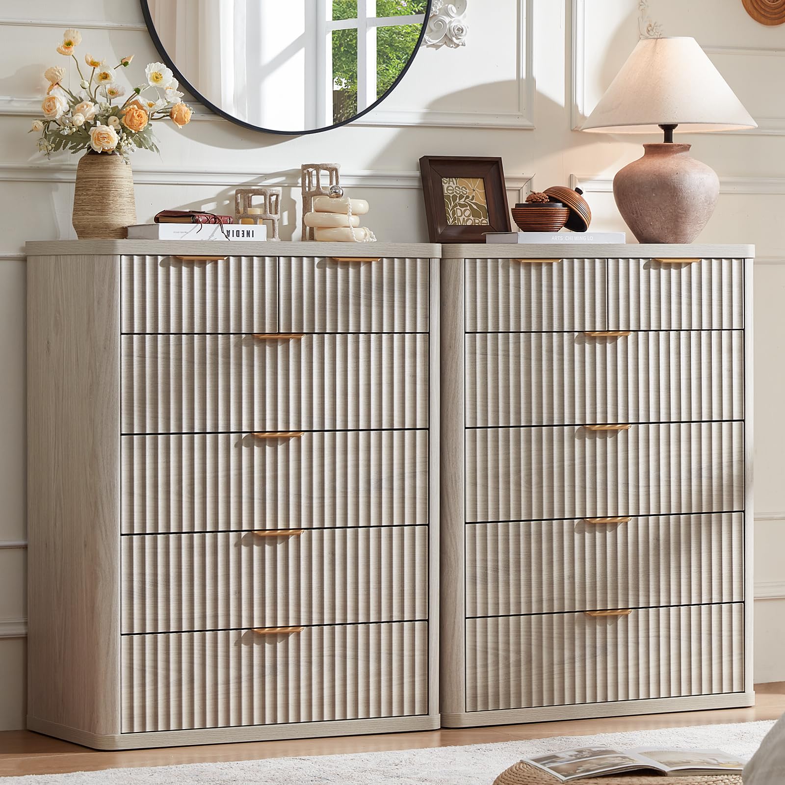 LEYAOYAO Fluted 6 Drawers Dresser for Bedroom Set of 2, 42" Tall Modern Chest of Drawers with Metal Handle, Curved Profile Design,Wood Drawer Organizer for Bedroom, Living Room, Hallway,Lightgrey