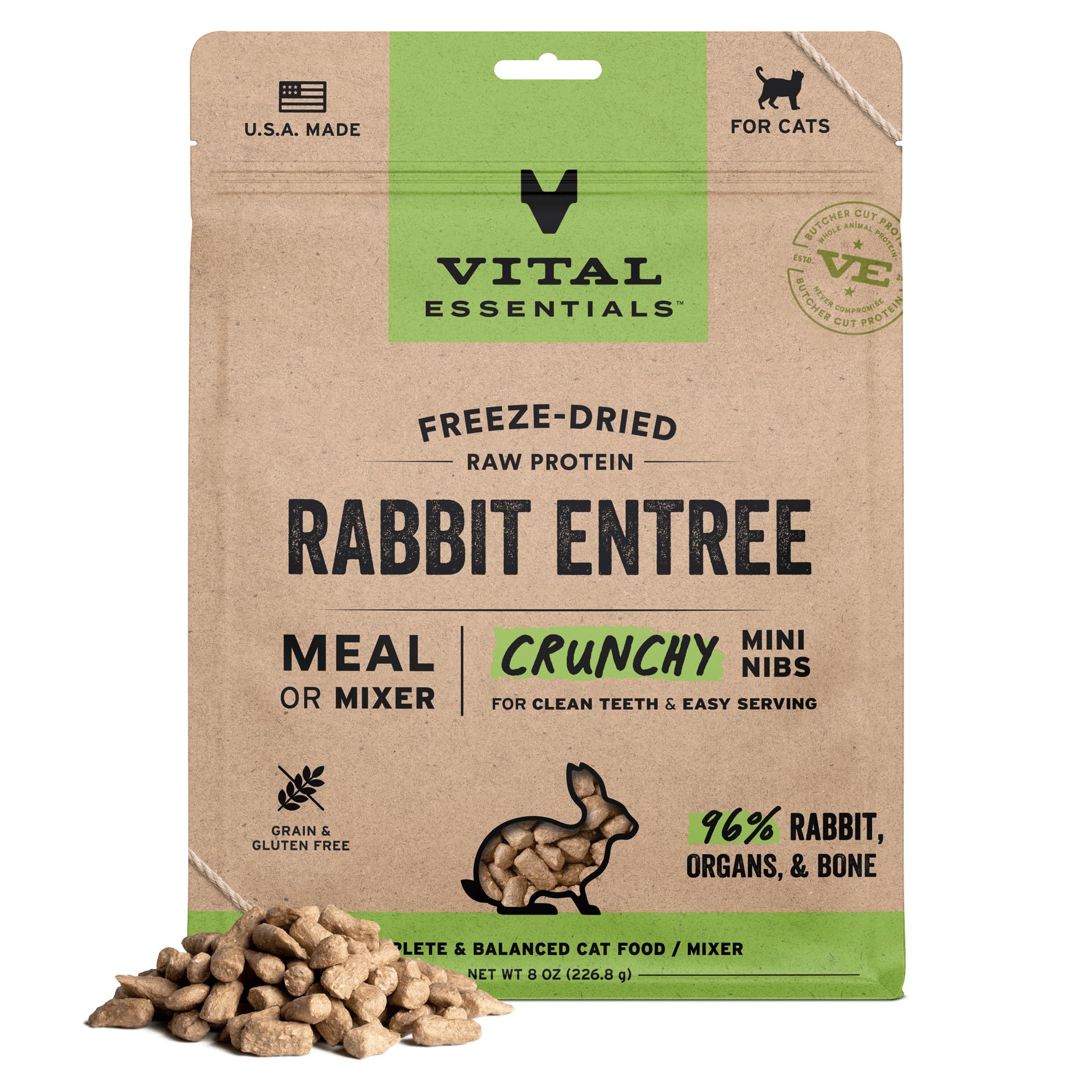 Freeze Dried Cat Food, Raw Rabbit Crunchy Mini Nibs | Complete Meal or Topper | 96% Rabbit, Organs & Bone | Limited Ingredient, High Protein, Grain Free Dry Cat Food | 8 oz Bag