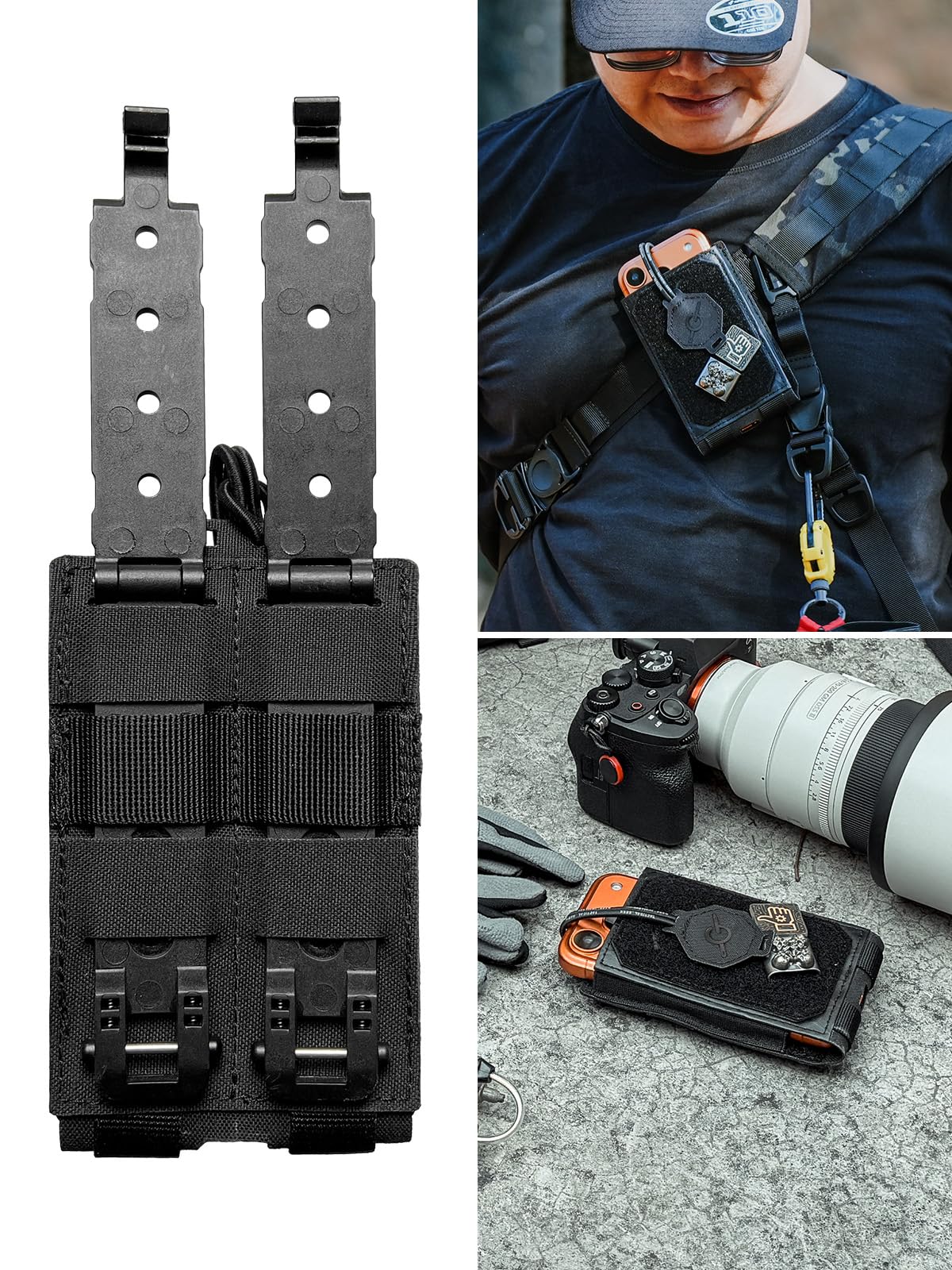 TACTICAL_GEEK EXT16 MOLLE - Custodia compatta per smartphone, in nylon, con cinghia di fissaggio, patta in per un accesso rapido, adatta per zaino e tracolla, colore: nero