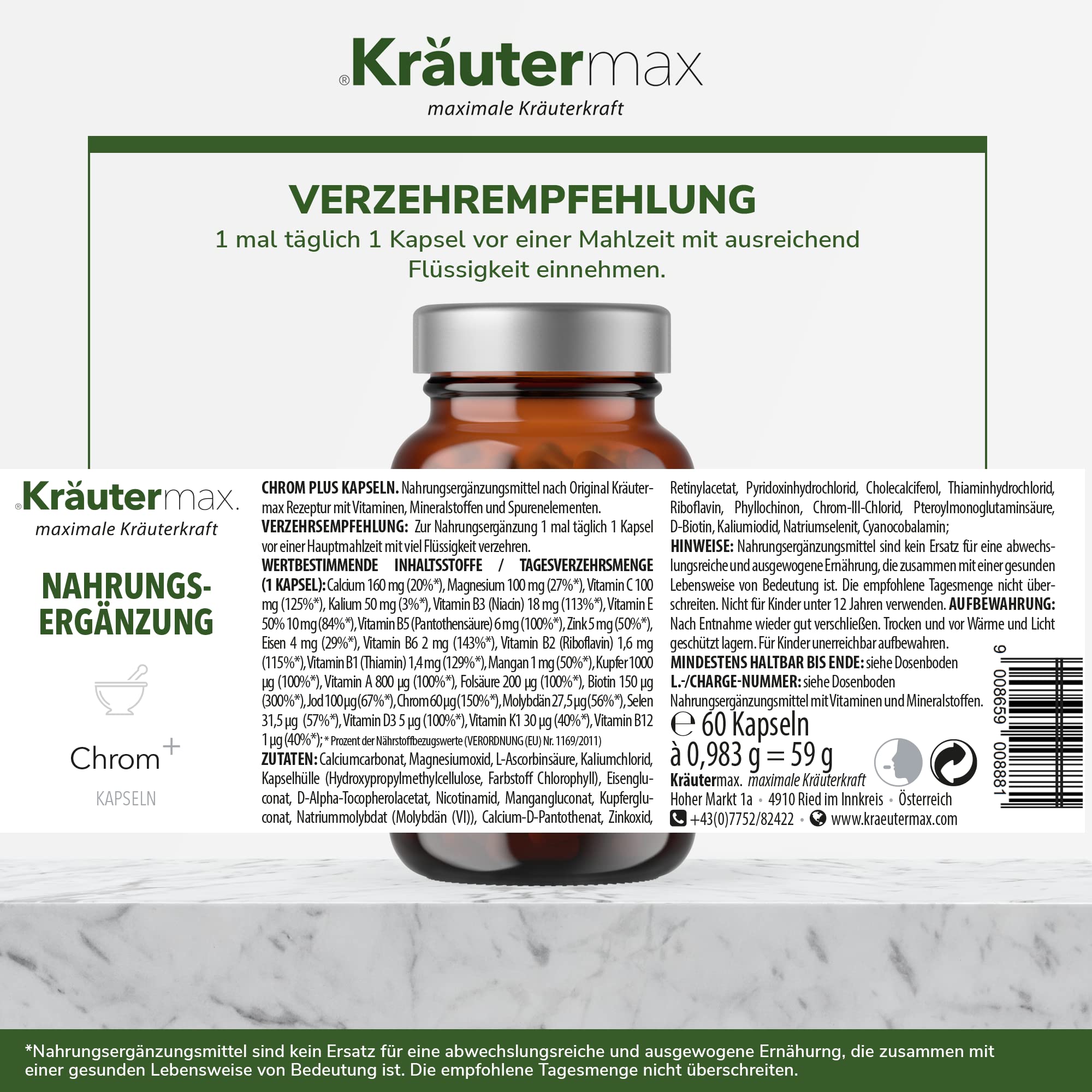 NEU! Chrom Kapseln hochdosiert | Chrom Tabletten mit Zink, Selen und Mangan nach Kräutermax Originalrezeptur | Vegan - für den Erhalt eines normalen Blutzuckerspiegels | 1 x 60 Stück