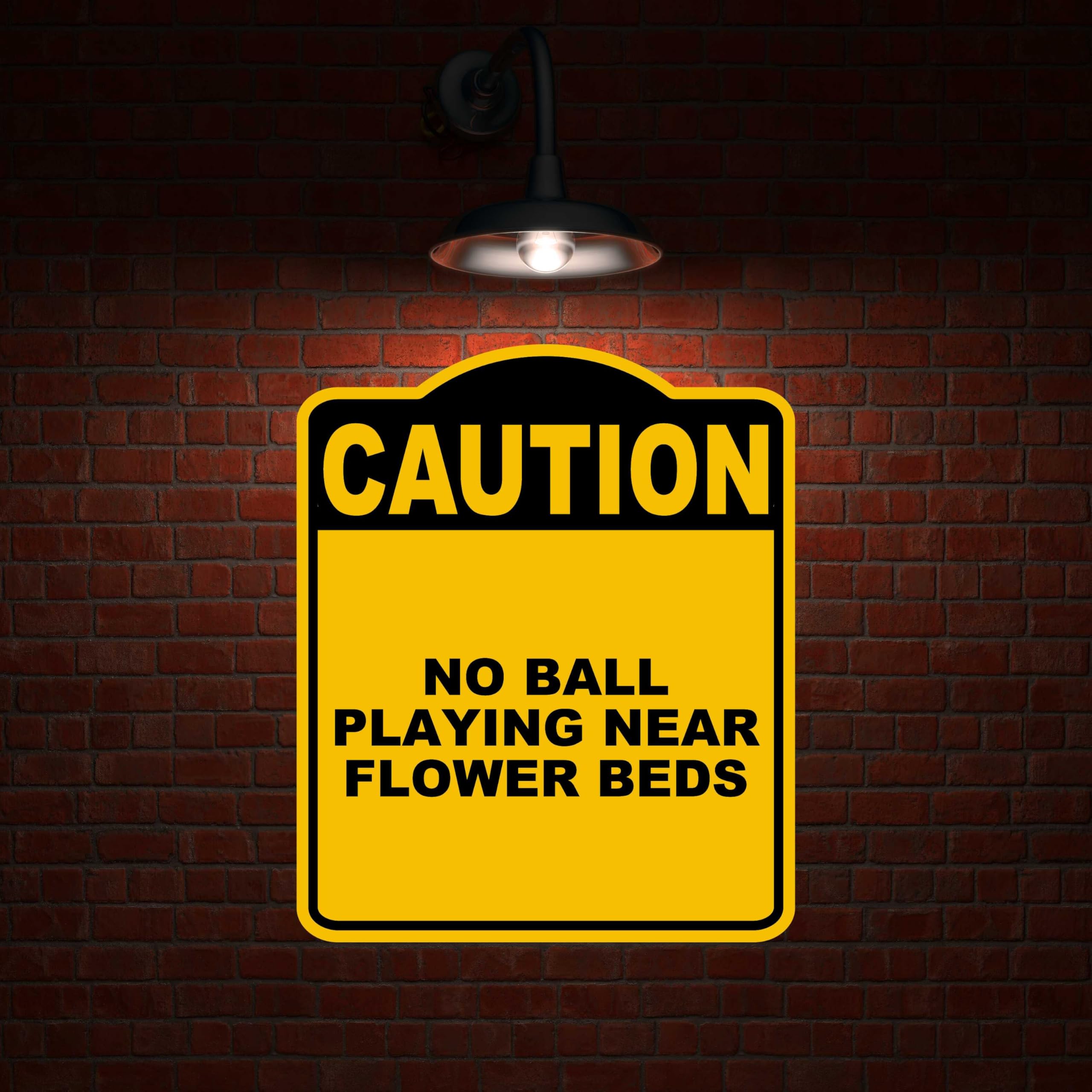 NO BALL PLAYING NEAR FLOWER BEDS Caution Yellow Black Aluminum Composite Sign 8.5 x 10 inches