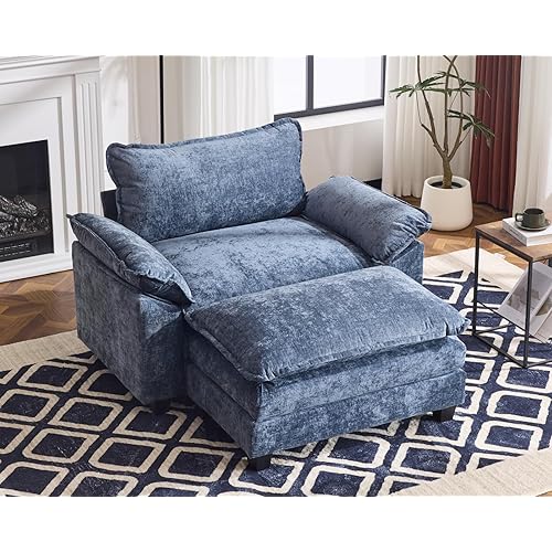 Karl home Oversized Accent Chair Chenille Sofa with Chaise, Modern Sofa Chair with Removable Ottoman Modular 1-Seater Couch and 2-Layer Ottoman for Living Room, Apartment, Studio, Dusty-Blue