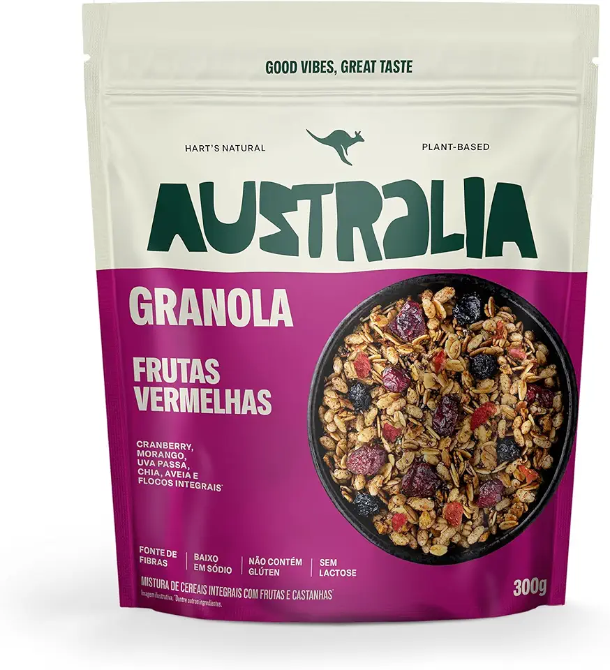 Hart's Natural Granola Australia Frutas Vermelhas | Granola Sem Glúten, Sem Lactose, Vegano | 100% Natural | Alto em Fibras | Snack Saudável | 300g