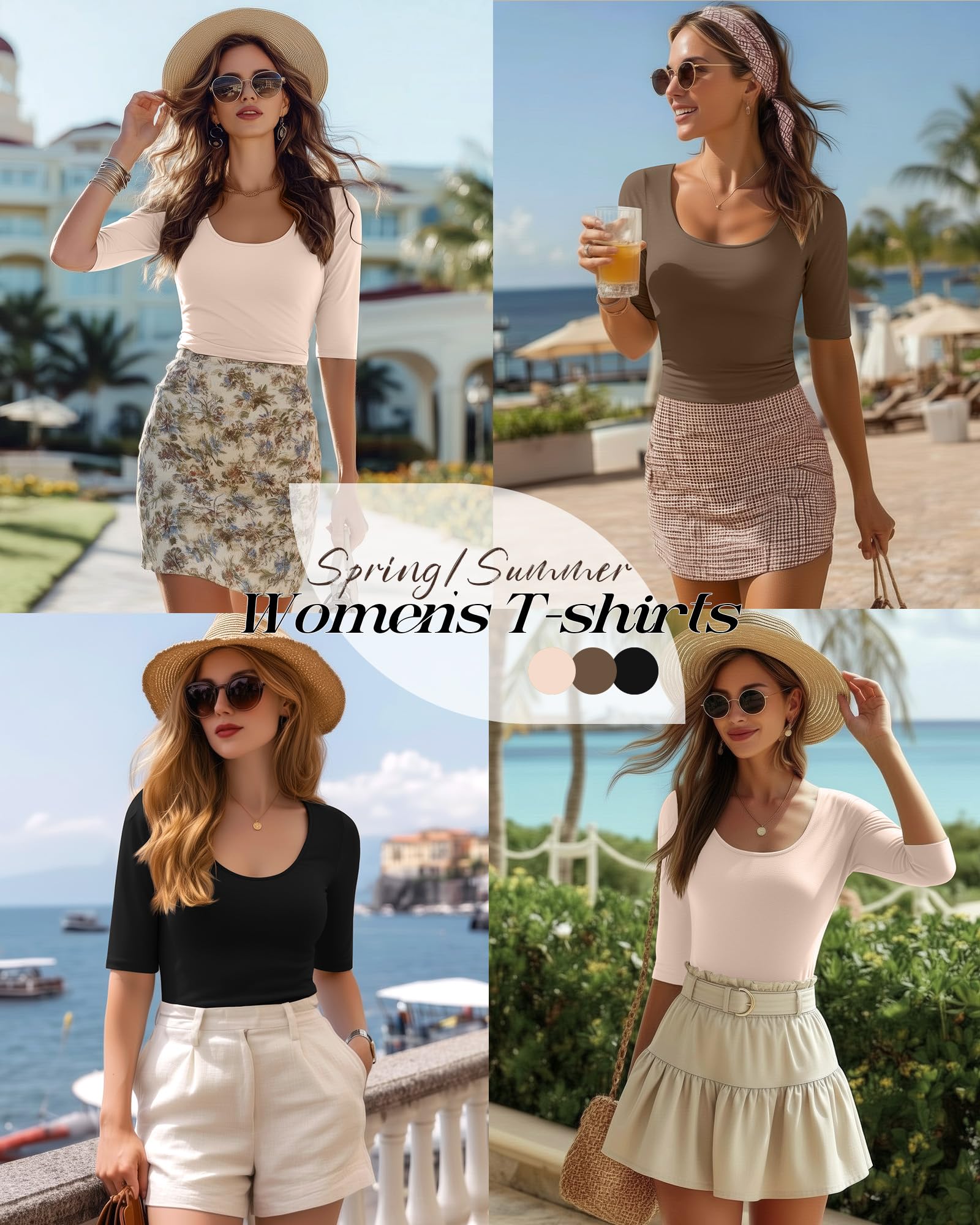 Neer Lot de 3 Tops Femme Grand Col Rond Manches Mi-Longues Élastiques Mélange Coton Slim Fit Basique Été | T-shirts ajustés, chemises à manches 1/2, t-shirts décontractés serrés, manches coudes, couches, mélange de coton, extensible