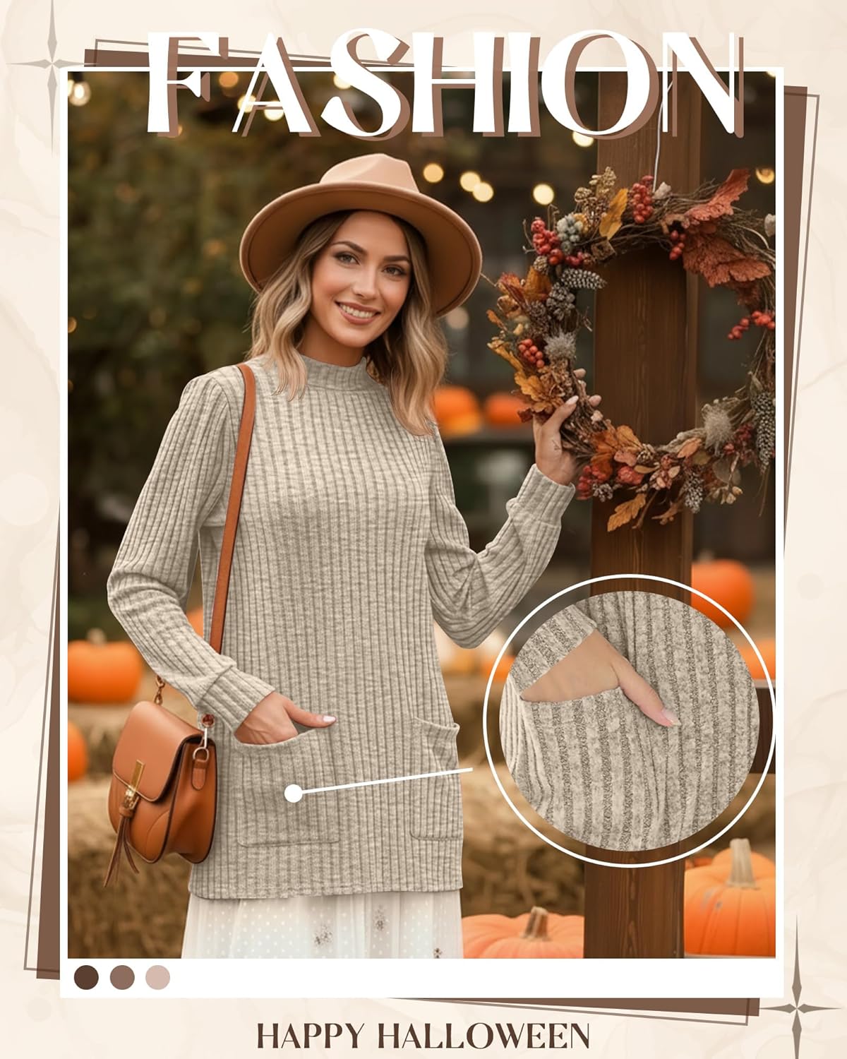 3 Pack Women's Long Sleeve Mock Neck Sweaters, Ribbed Knit Long Tops Turtleneck Loose Fit Tunic Shirt with Pockets - Image 2