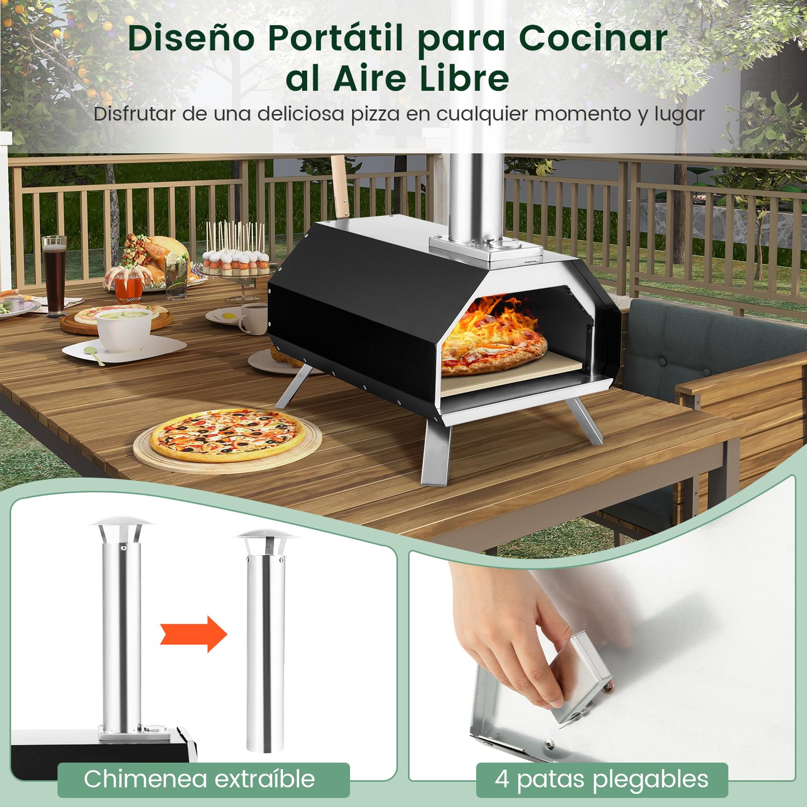 COSTWAY Horno Pizza Exterior 12", Pizza Oven Portátil de Acero Inoxidable, Horno de Leña con Piedra para Pizza, Patas Plegables, Termómetro y Pala de Pizza para Cocinar al Aire Libre