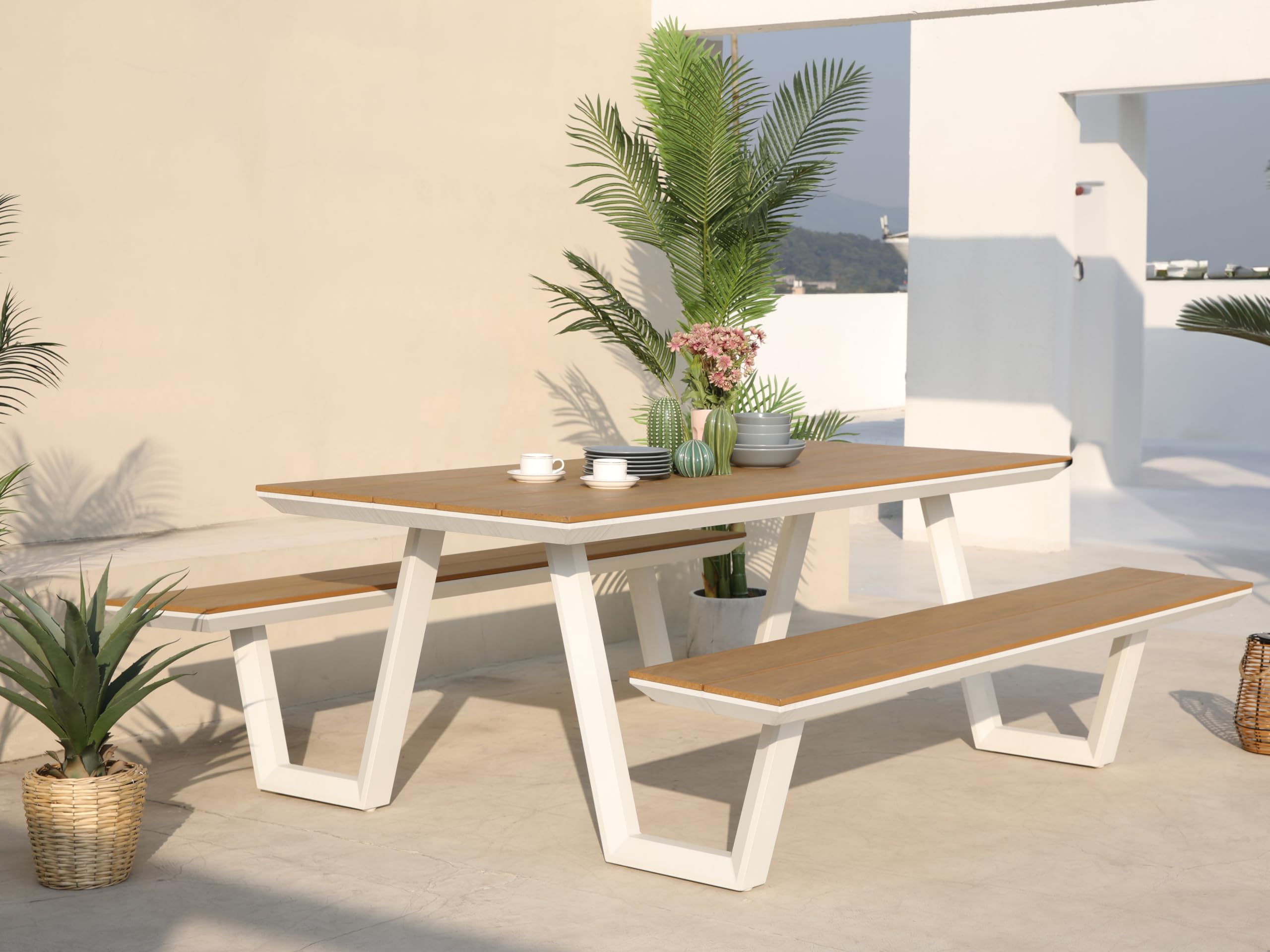 AXI Nori Table De Pique-Nique en Teck, Blanche pour 6 Personnes - 200 X 190 Cm | Table De Jardin/Banc Extérieur pour Adultes en Aluminium & Polywood