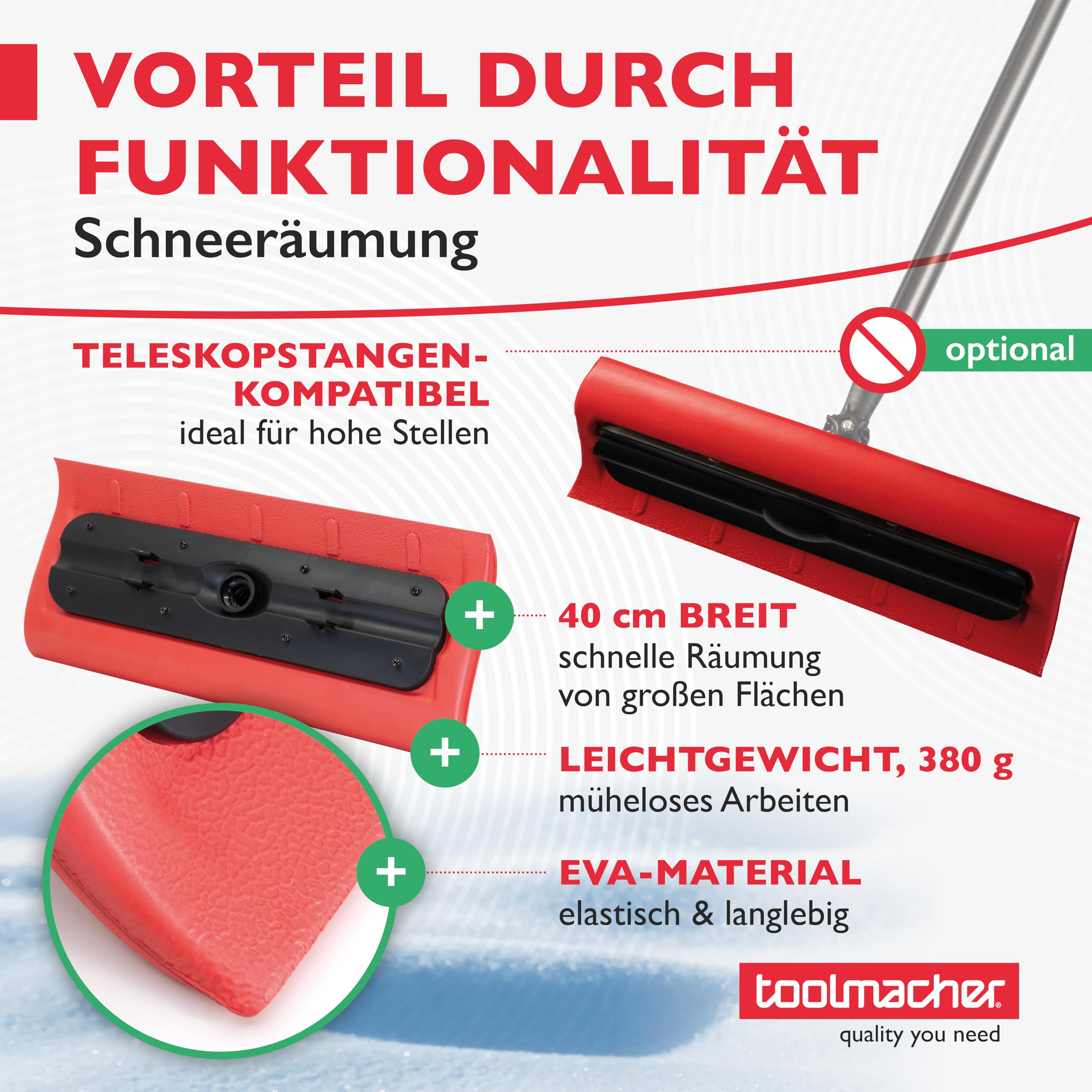 toolmacher Photovoltaik Schneeschieber [ROBUSTES SPEZIALGEWINDE] Schneeschaufel für Photovoltaik, Wintergarten und Glasdach - Schneeräumer ohne Teleskopstange - Schneeschieber für PV, Dachschneeräumer