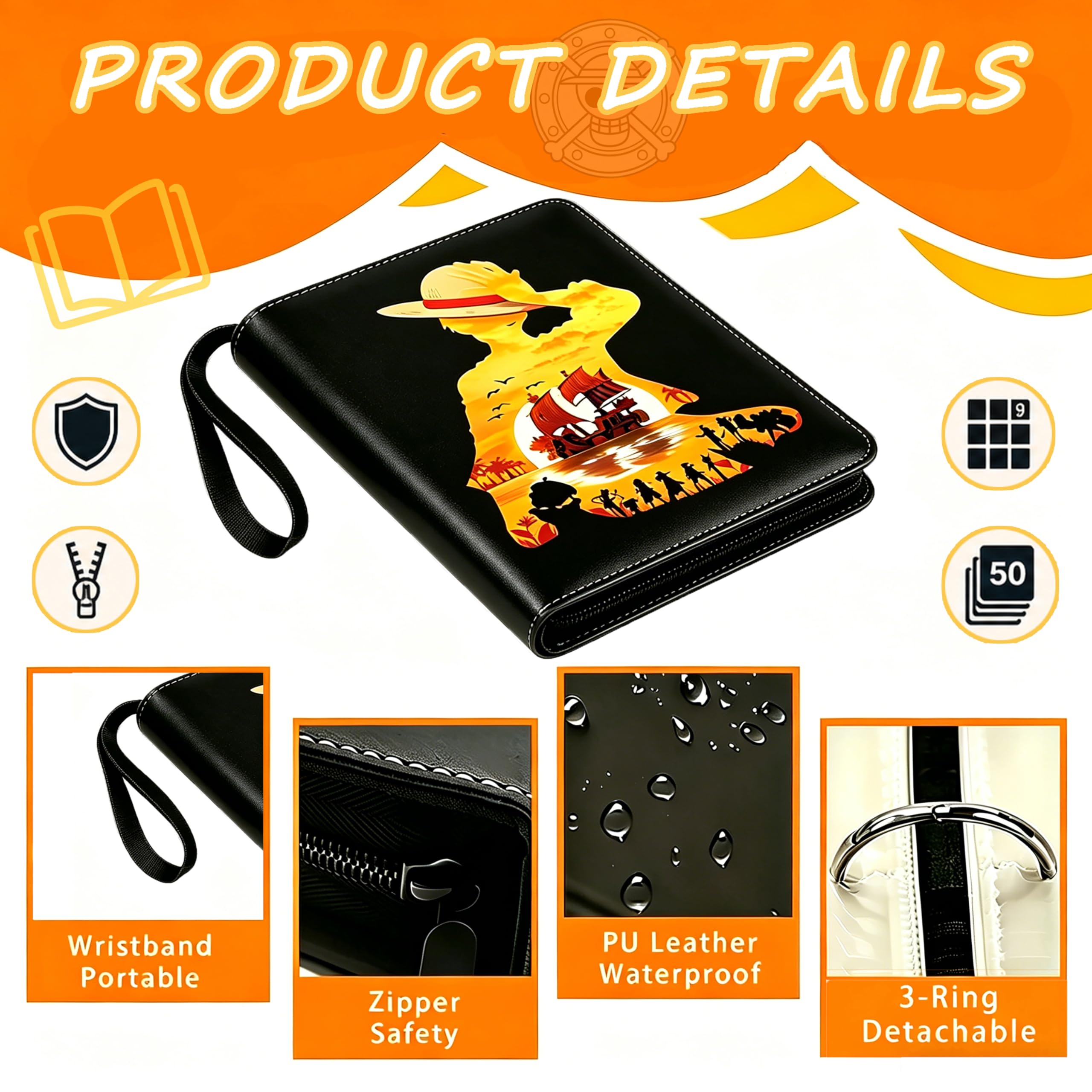 900 Taschen Sammelkartenbinder für One Piece Karten, 3 Ring Zipper Card Binder mit 50 abnehmbaren 9 Pocket Sleeves, Wasserdichtes Kartenalbum für TCG, MTG, Sport & Anime Karten, Kartenhalter in