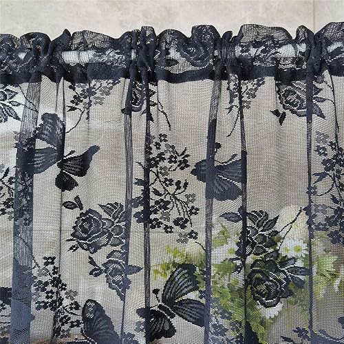 Miniatura 9 de 2 paneles de encaje transparente cenefa de cortina floral y mariposa bordada para puerta, cocina, baño, ventana, bolsillo superior