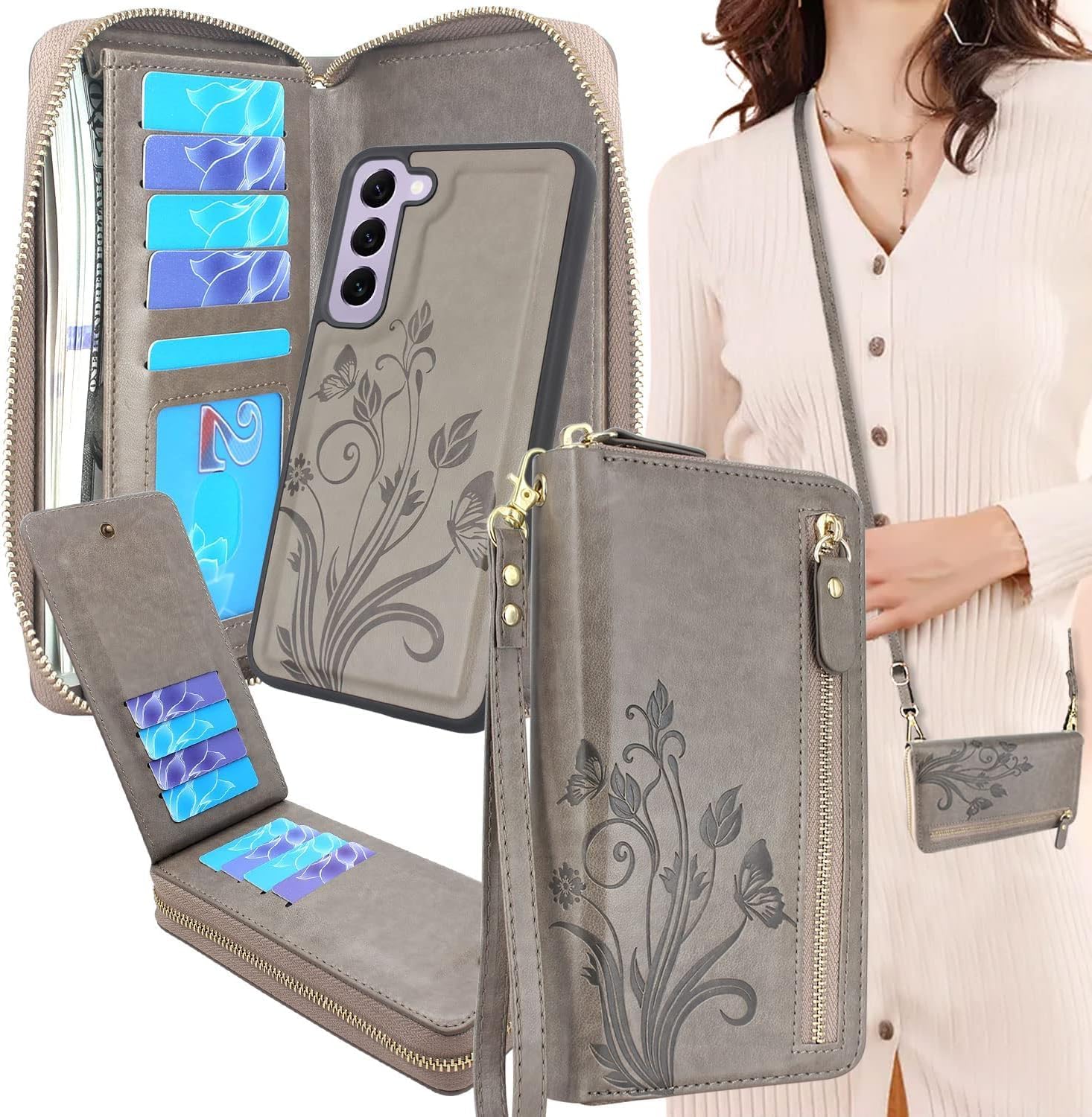 Lacass for Samsung Galaxy S25 6.2 inch Wallet,Crossbody Dual Zipper Detachable Magnetic Leather Wallet Case Cover Wristlets Wrist Strap 13 Card Slots Money Pocket (Floral Gray)