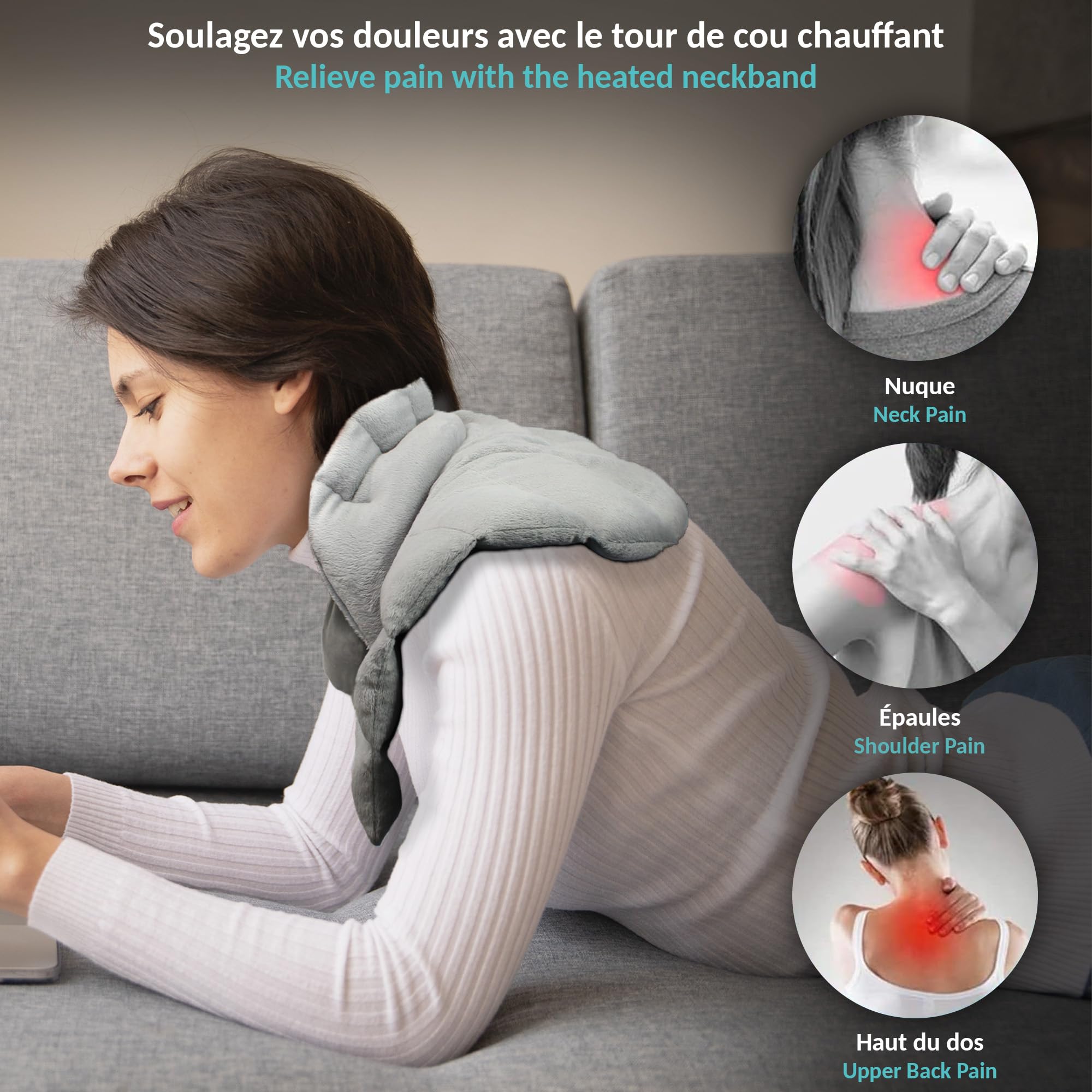 Coussin Chauffant Cervicales Micro Ondes - Tour de Cou et Epaules - Utilisation Chaud/Froid - Composition Riz, Lavande et Plantes Bienfaisantes - Matière Polaire - Gris