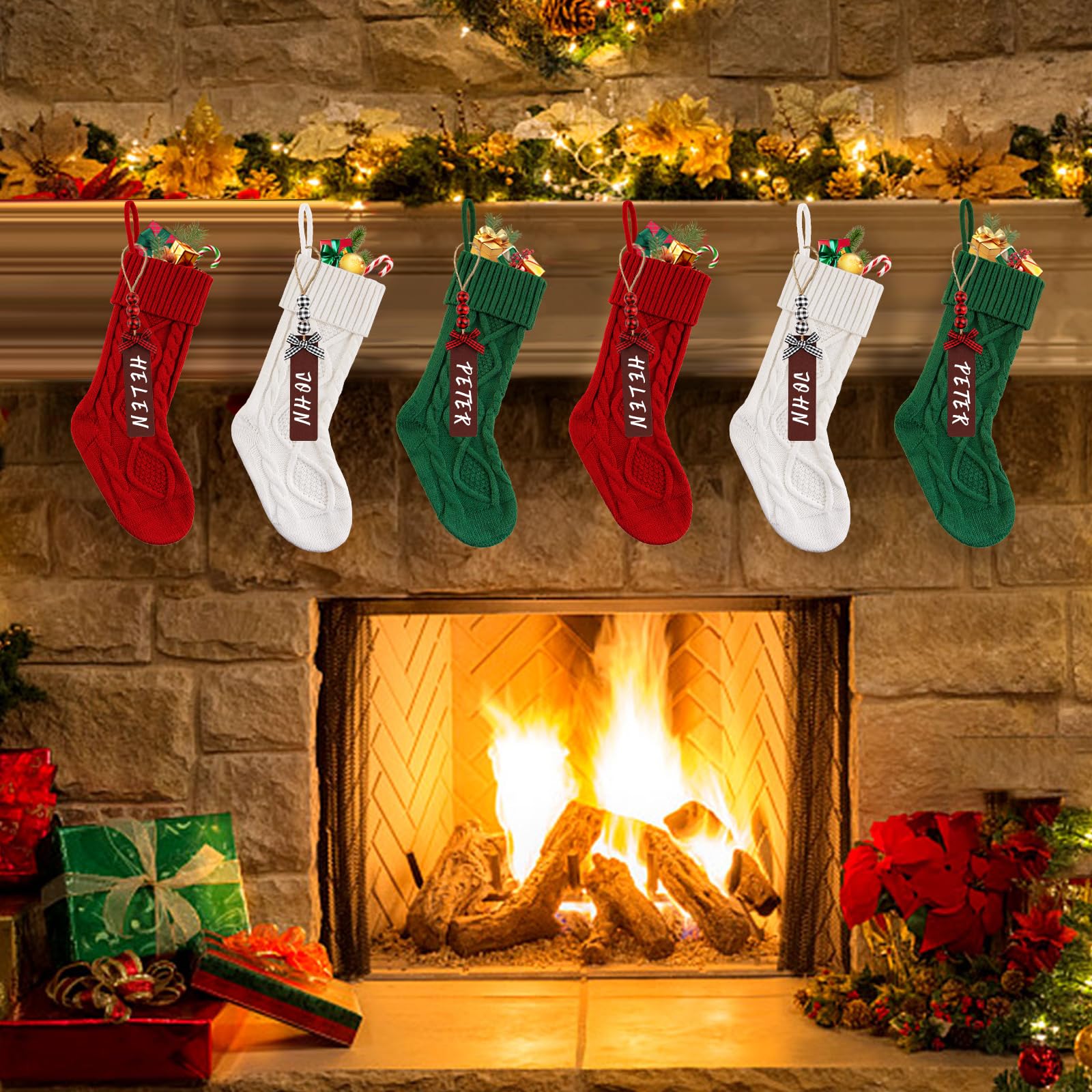 Lot de 6 chaussettes de Noël en tricot torsadé avec étiquettes nominatives pour les fêtes, Noël, décoration familiale (rouge, blanc, vert) - 45,7 cm