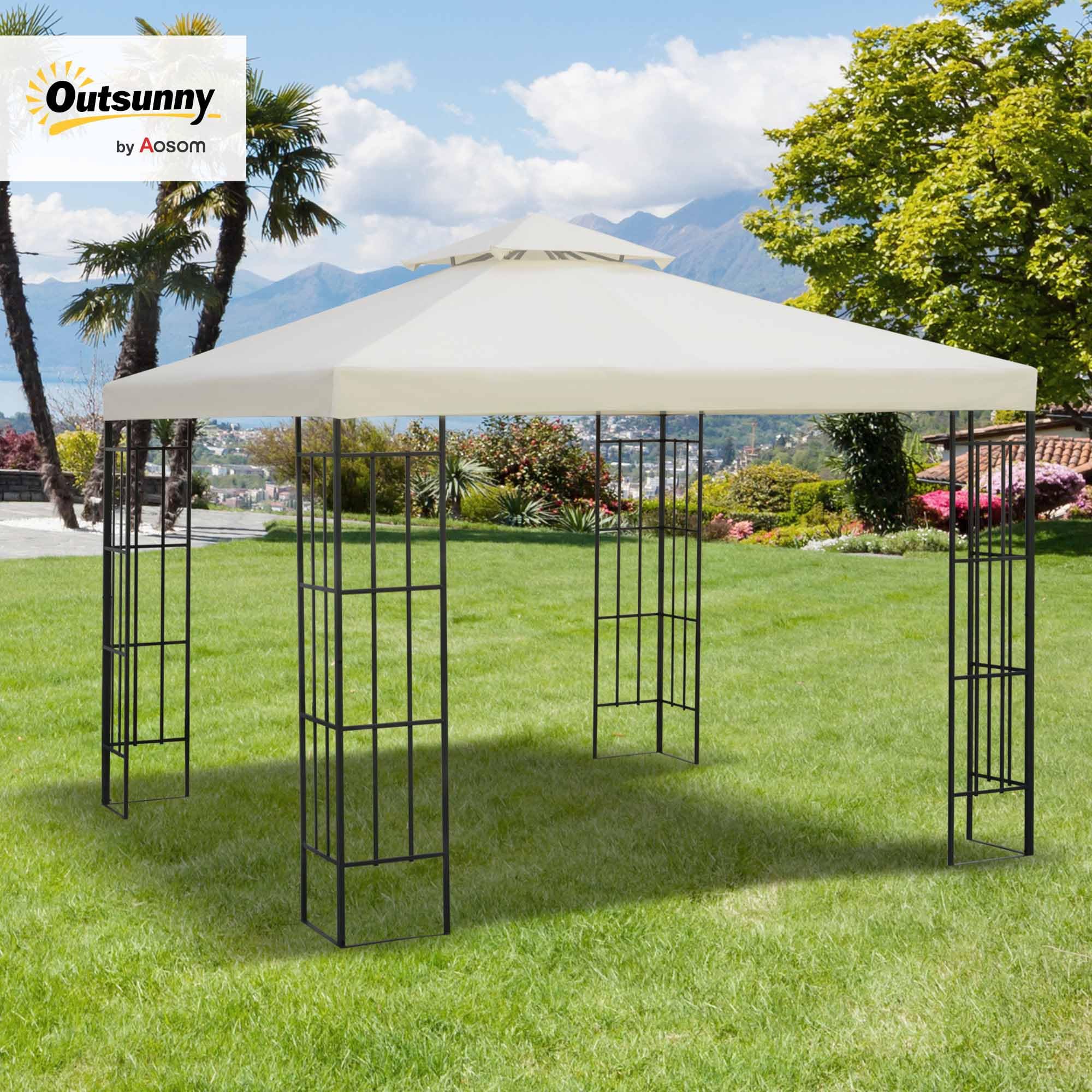 Outsunny Telo Gazebo 3x3 m a 2 Livelli in Poliestere Resistente, Copertura Gazebo 3x3 con 8 Fori di Drenaggio e Cinghie in chiusura a strappo, Crema