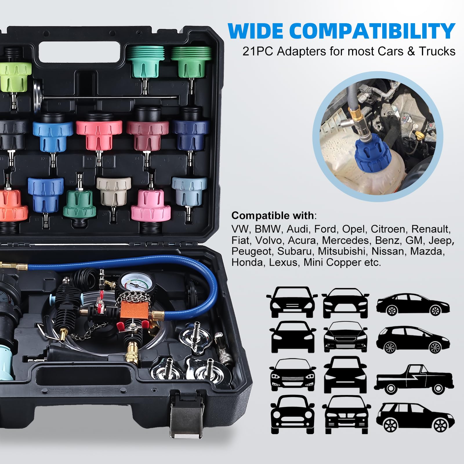 FreeTec 31pzs Probador Presion Radiador, Universal Probador Presion Circuito Refrigeración, Kit Comprobador Fugas Purgador Liquido Refrigerante, Herramientas Radiador Coche con Bomba Adaptador (Negro)