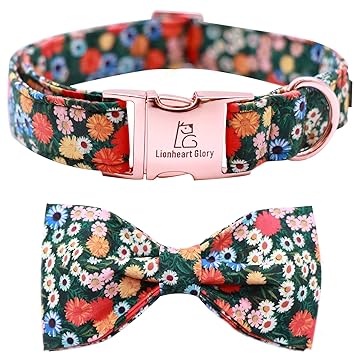 Lionheart glory Floral Print Dog Collar Adjustable Soft Dog Collar with Bowtie, Girl Pet Collars for X-Small Small Medium Large Dogs