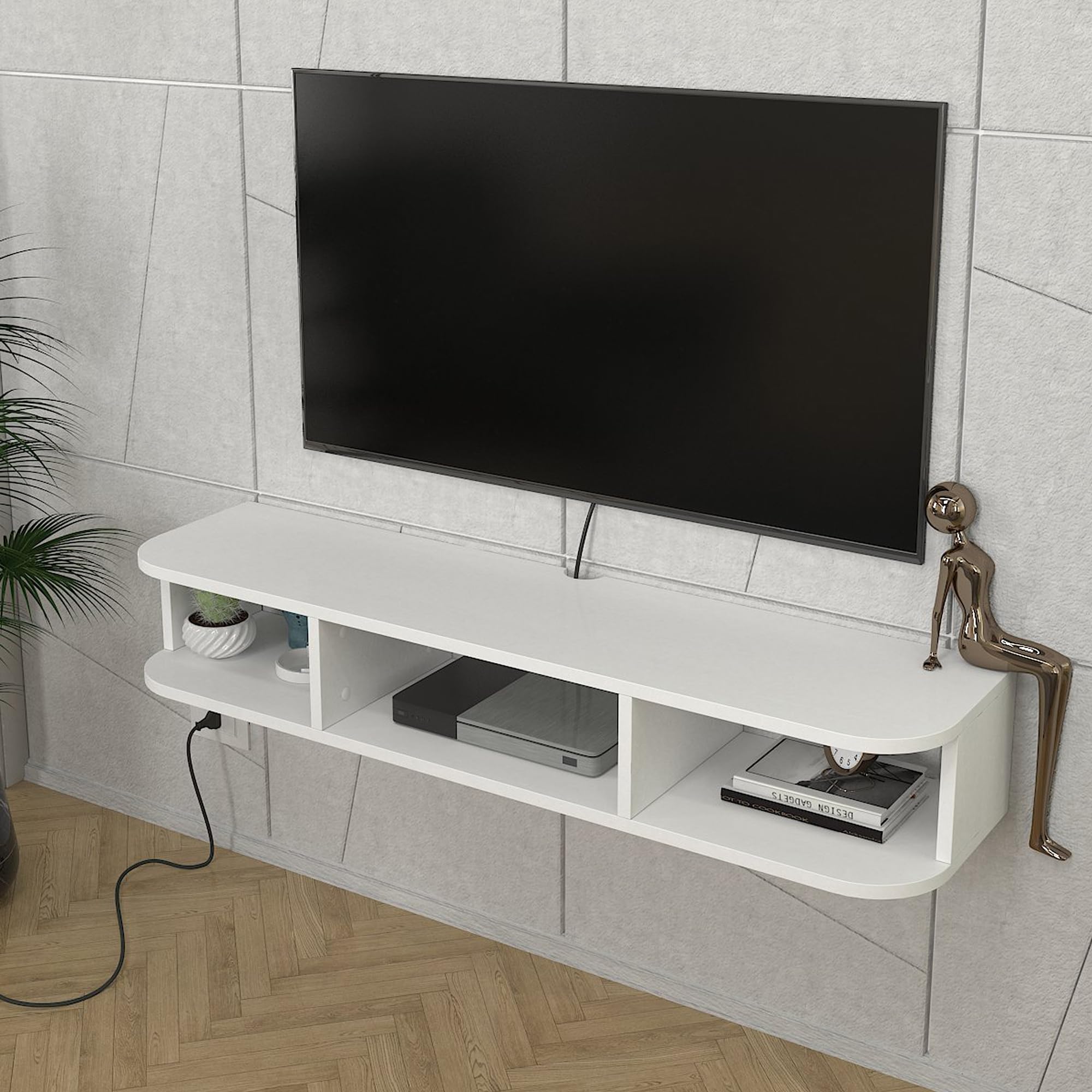 [en.casa] Mobile Porta TV Sospeso con 3 Vani Portaoggetti Scomparti Aperti Mensola da Parete Stand Multimediale con Passacavi 120 x 30 x 19 cm per Soggiorno - Bianco