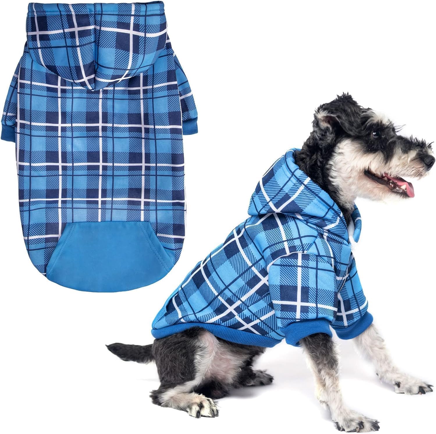EXPAWLORER Plaid Dog Hoodie British Style - Tartan Pet Clothes Warm Dog Jumper with Lead Hole, Hooded Puppy Sweatshirt Cold Weather Clothing Outfit, Winter Coat for Small Medium Large Dogs, Blue S-M โ image 1