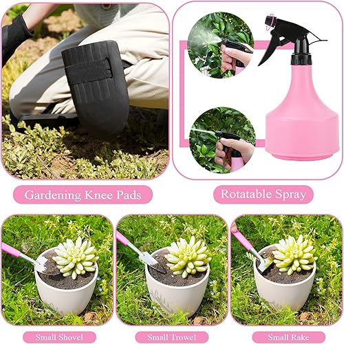 Miniatura 6 de HLWDFLZ Juego de herramientas de jardín rosa para mujeres - 24 piezas de herramientas de jardín resistentes con bolsa de almacenamiento desmontable,