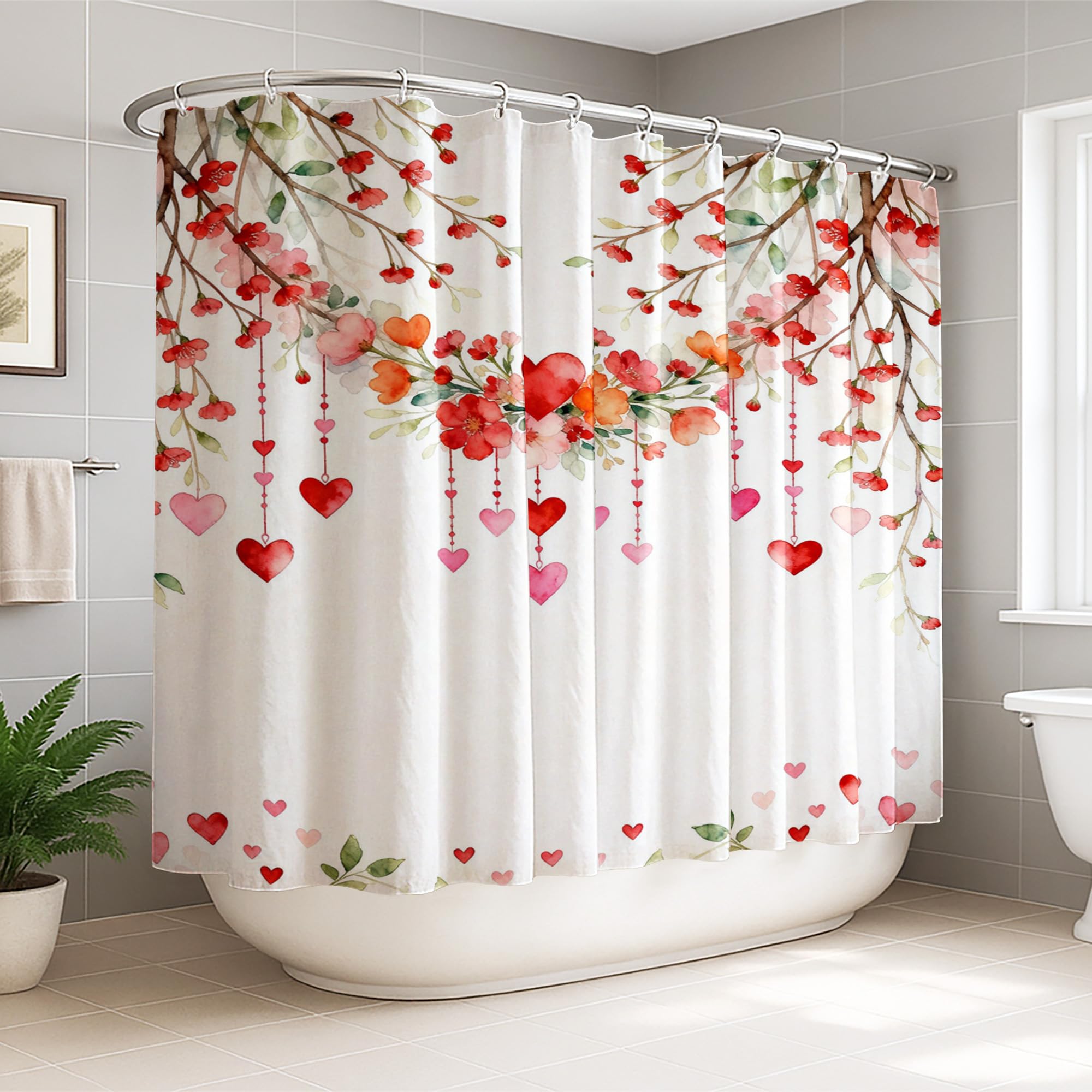 Rideau de douche extra large motif fleurs et cœurs grand format pour salle de bain