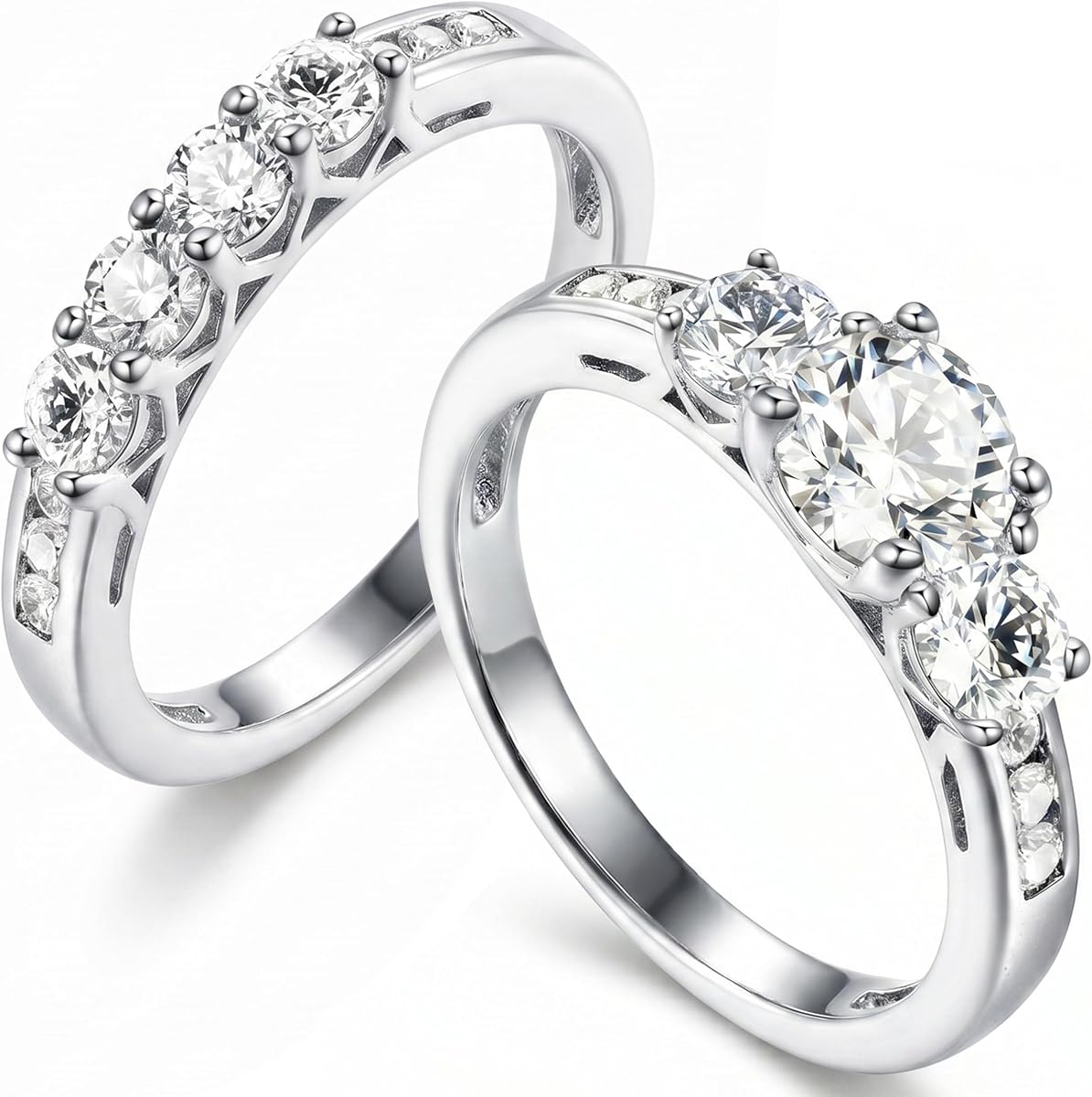 2Ct 925 Sterling Silver Cubic Zirconia 3 Stone Round Cut Wedding Ring Set CZ Engagement Ring for Women