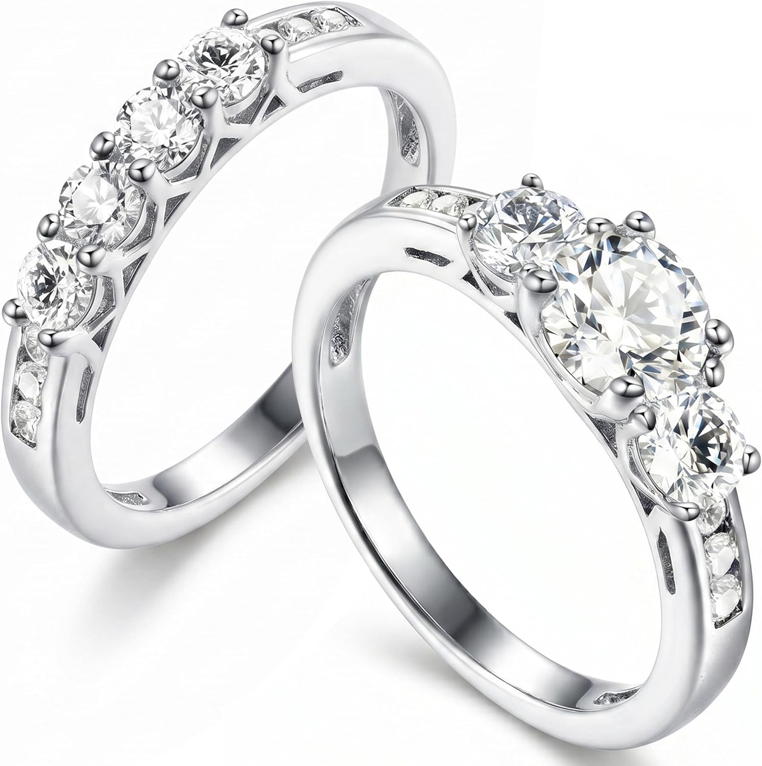 2Ct 925 Sterling Silver Cubic Zirconia 3 Stone Round Cut Wedding Ring Set CZ Engagement Ring for Women