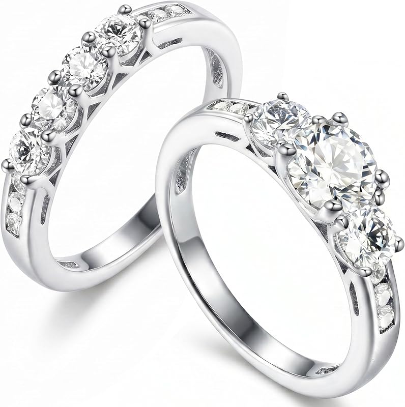 2Ct 925 Sterling Silver Cubic Zirconia 3 Stone Round Cut Wedding Ring Set CZ Engagement Ring for Women