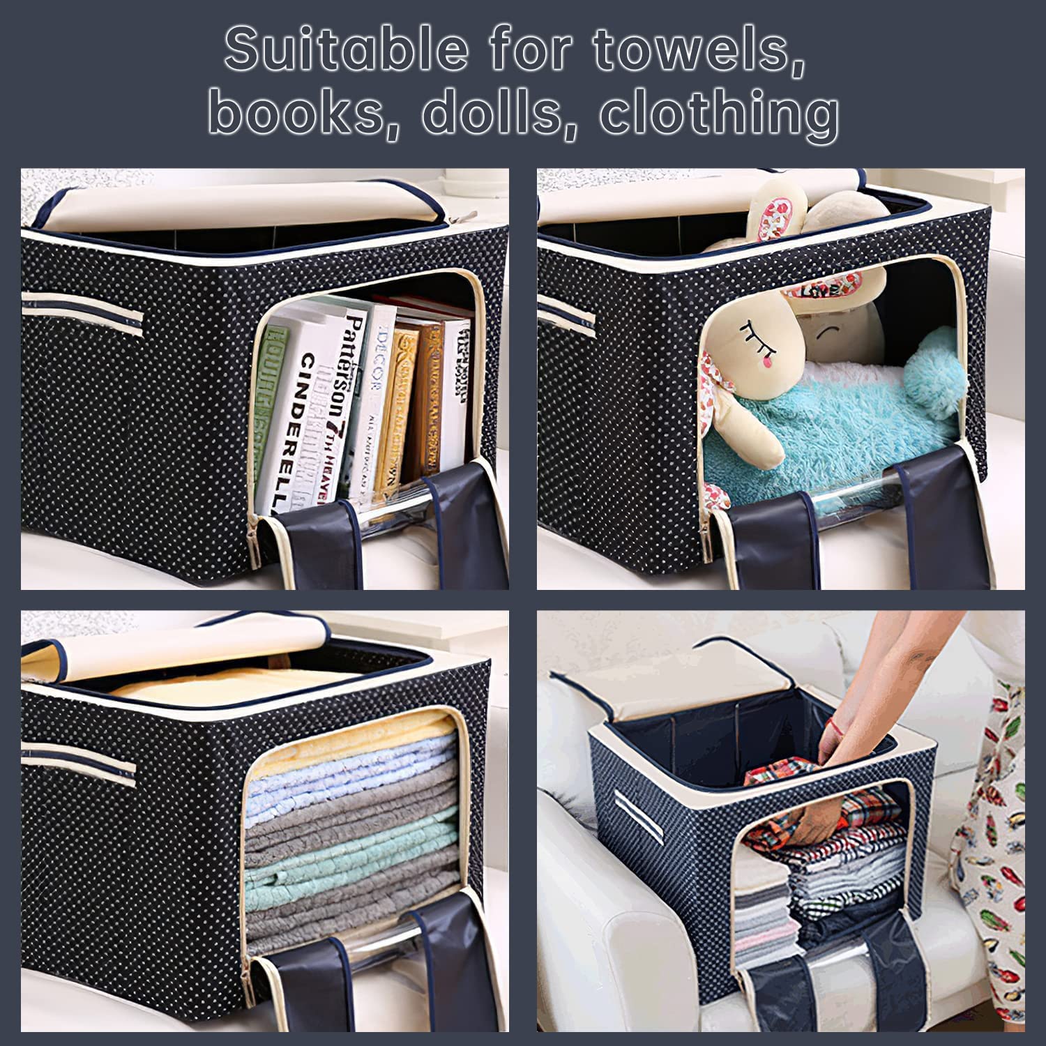 H&HGOLDI Foldable & Collapsible Large 66L Garment Storage Bag for Wardrobe, Cloth Organizer Clothes Box, Saree Cover Dress Organiser (Pack of 1) (Oxford Fabric Metal), Blue 4
