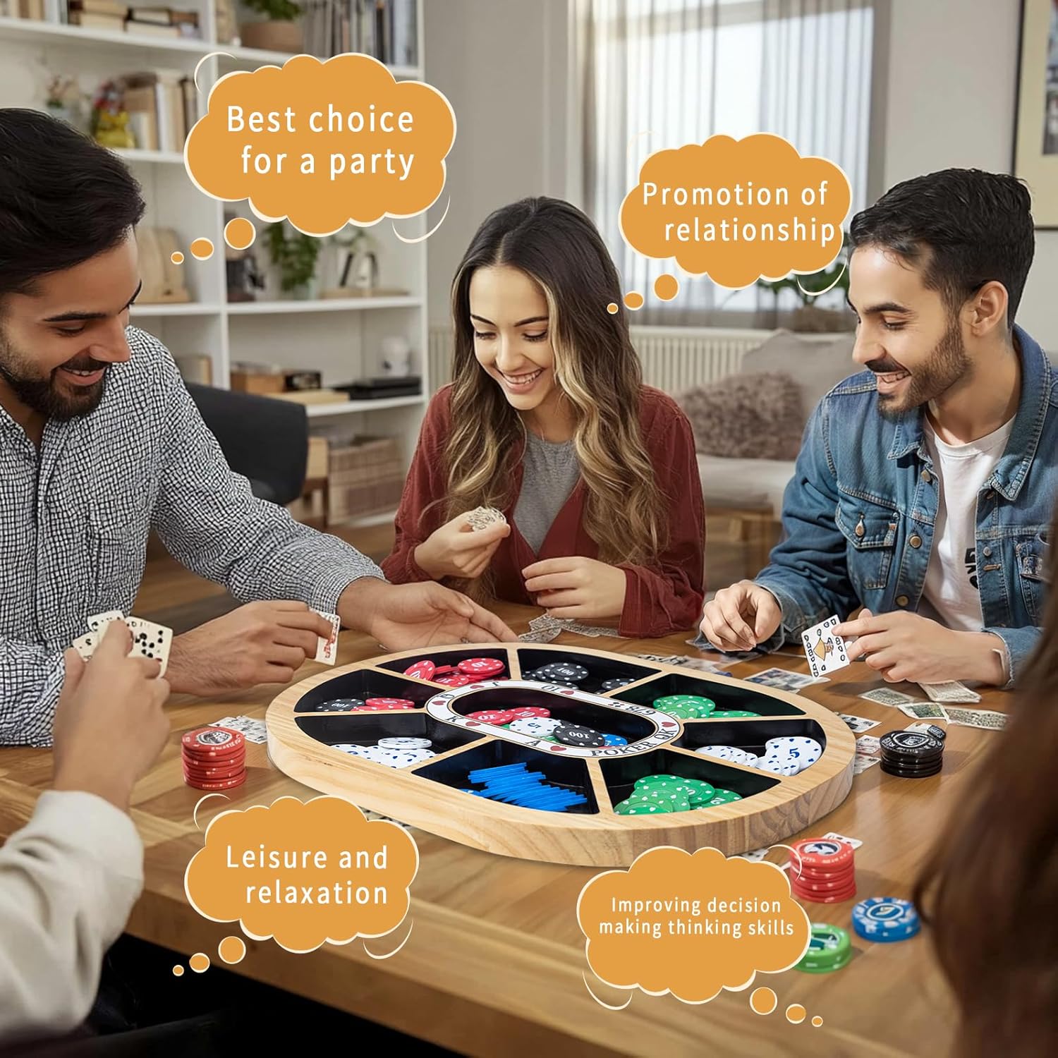 Michigan Rummy Board Game Deluxe Set Wooden Michigan Rummy Game Board,with 200 Pcs Chips, 1 Deck of Poker,1 Storage Bag, 1 Manual. The Perfect Blend of Rummy and Poker, Perfect for Family Game Night