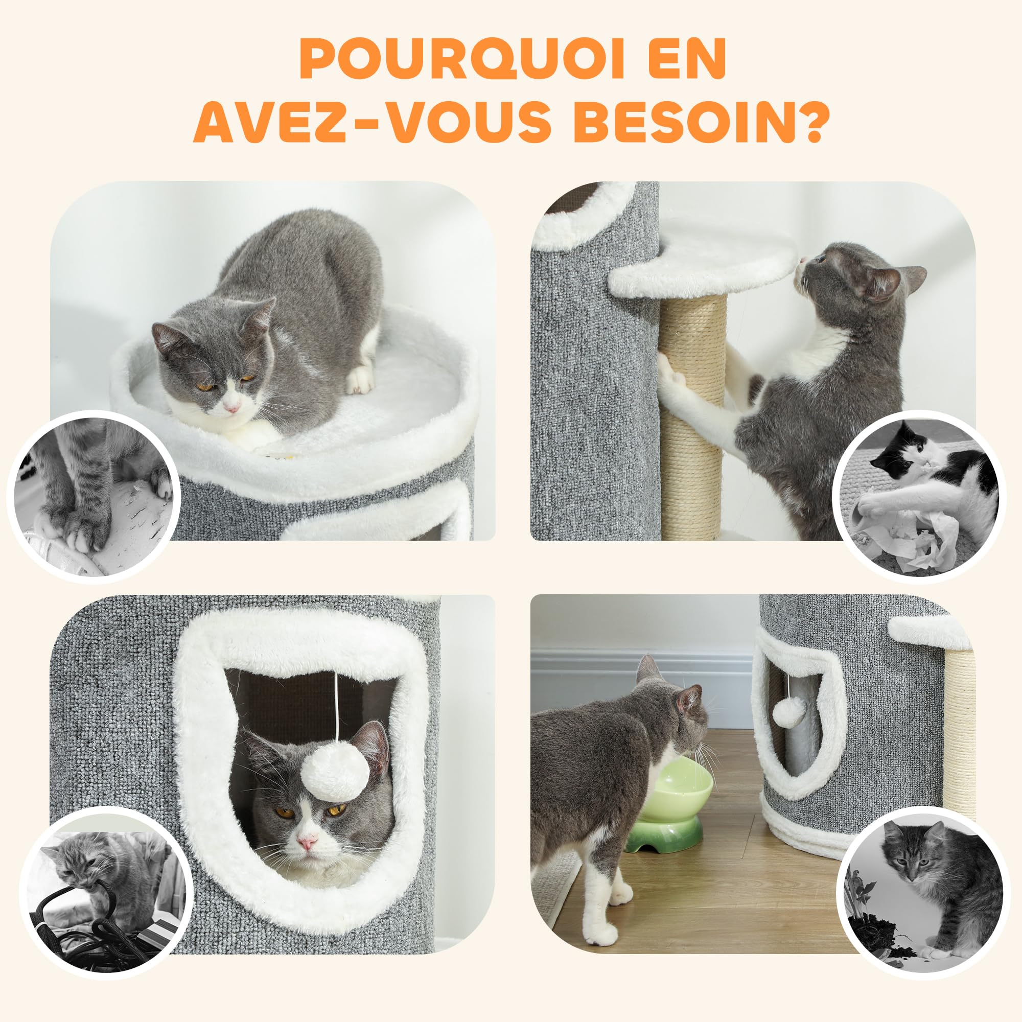 PawHut Tour pour Chat à 4 Niveaux, 101cm, Arbre à Chat Stable avec griffoirs en sisal et Bord en Peluche, 2 Plateformes, lit supérieur, pour Petits et Grands Chats, Parfait pour Griffes & Jeu, Gris