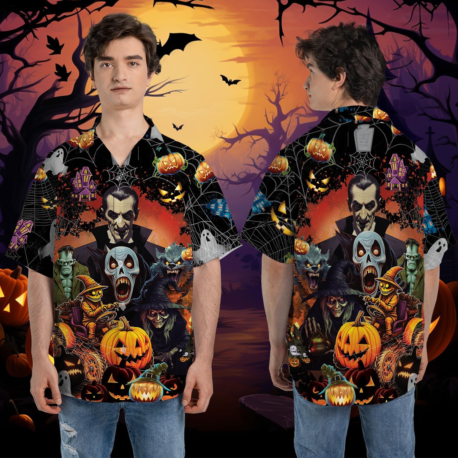 Halloween Characters Hawaiian Shirts for Men - Horror Night Button Down Mens Hawaiian Shirts Short Sleeve Series 96 - Image 2