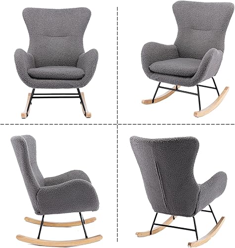 Miniatura 9 de HomVent Silla mecedora moderna con respaldo de ala y brazos empotrados, mecedora para habitación del bebé con cojín para sala de estar y dormitorio