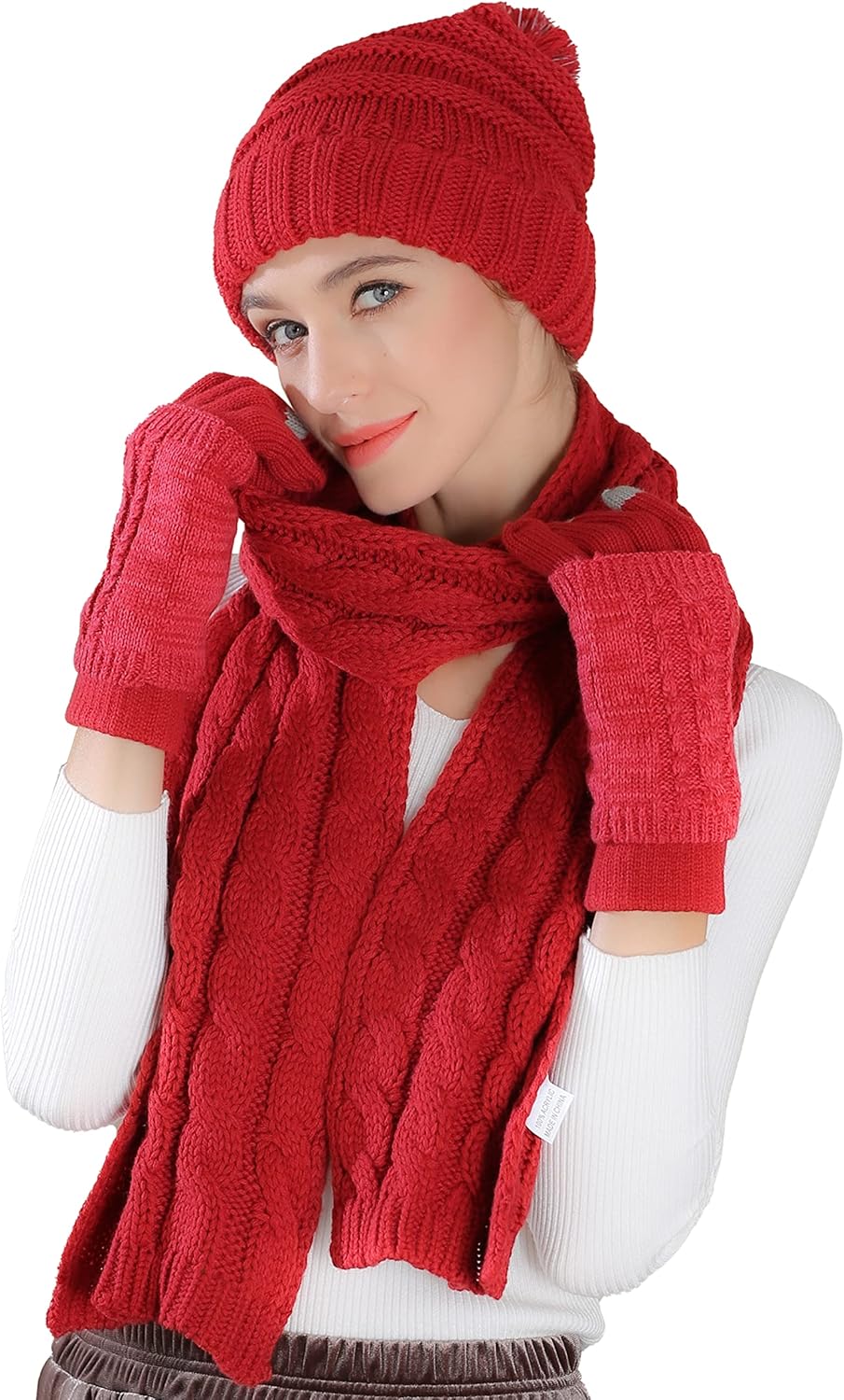 AGOOL Ensemble écharpe, Bonnet, Gants Pour Femme – Cadeau Pour Femme – Bonnet à Pompons Chaud Et épais En Tricot Torsadé – Gants Pour écran Tactile – 3 Pièces D'hiver, Rouge Foncé