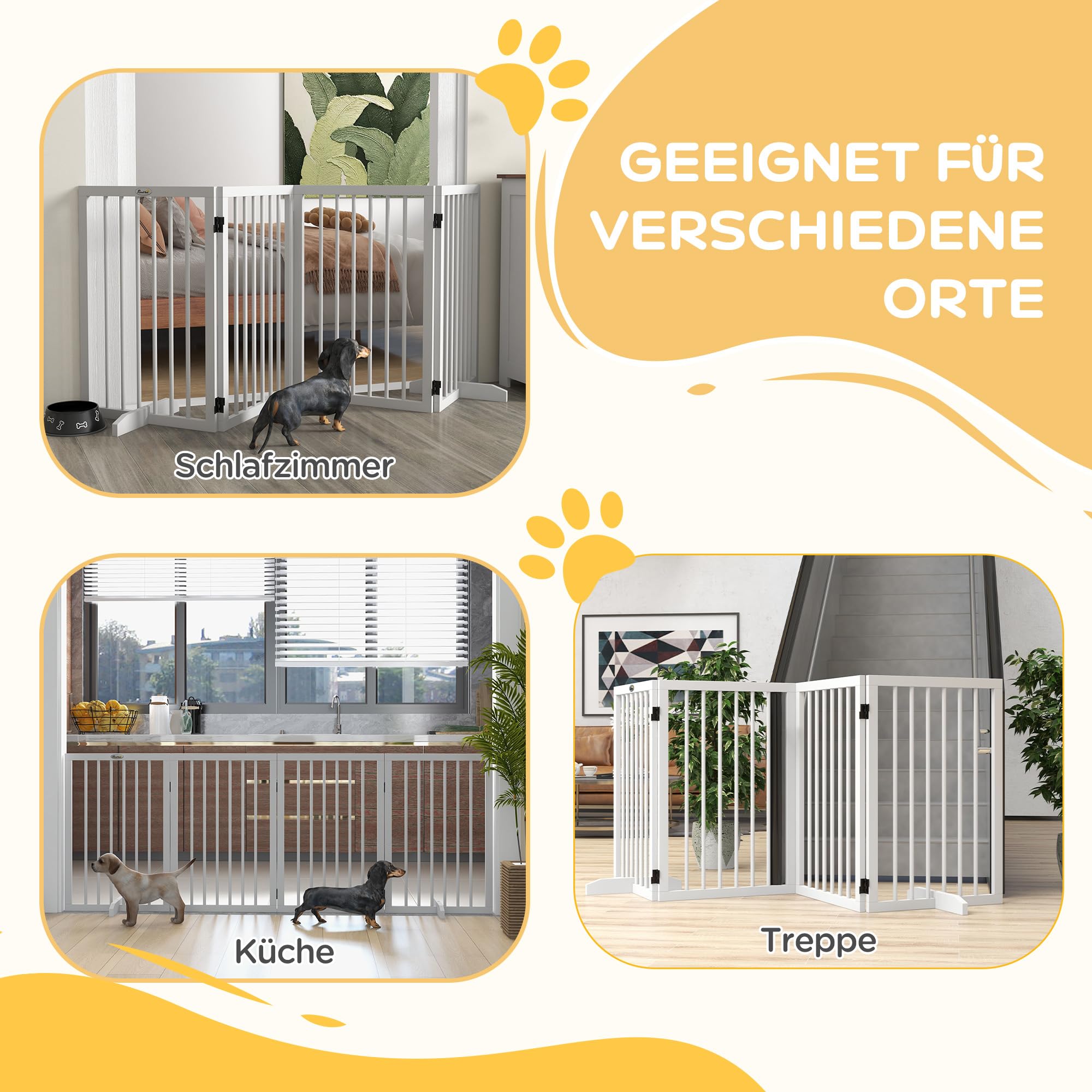 PawHut Pet Gate, 4-częściowy zestaw składanych drzwi dla zwierząt domowych, z matami antypoślizgowymi, do małych i średnich psów, do drzwi, schodów, hali, 206 dł. x 35,5 szer. x 76 wys. cm, biała