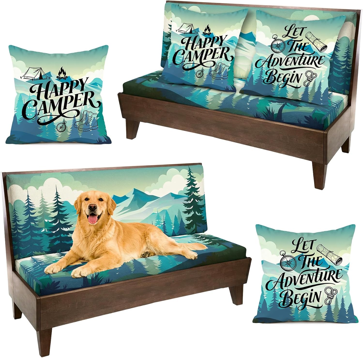 8 Pcs RV Dinette Cushion Covers Stretch Couch Cushions Slipcovers Replacement Washable RV Cushion Covers for Camper Car Bench Includes 4 Pillowcase, 2 Backrest and 2 Bench Covers (Adventure Forest)