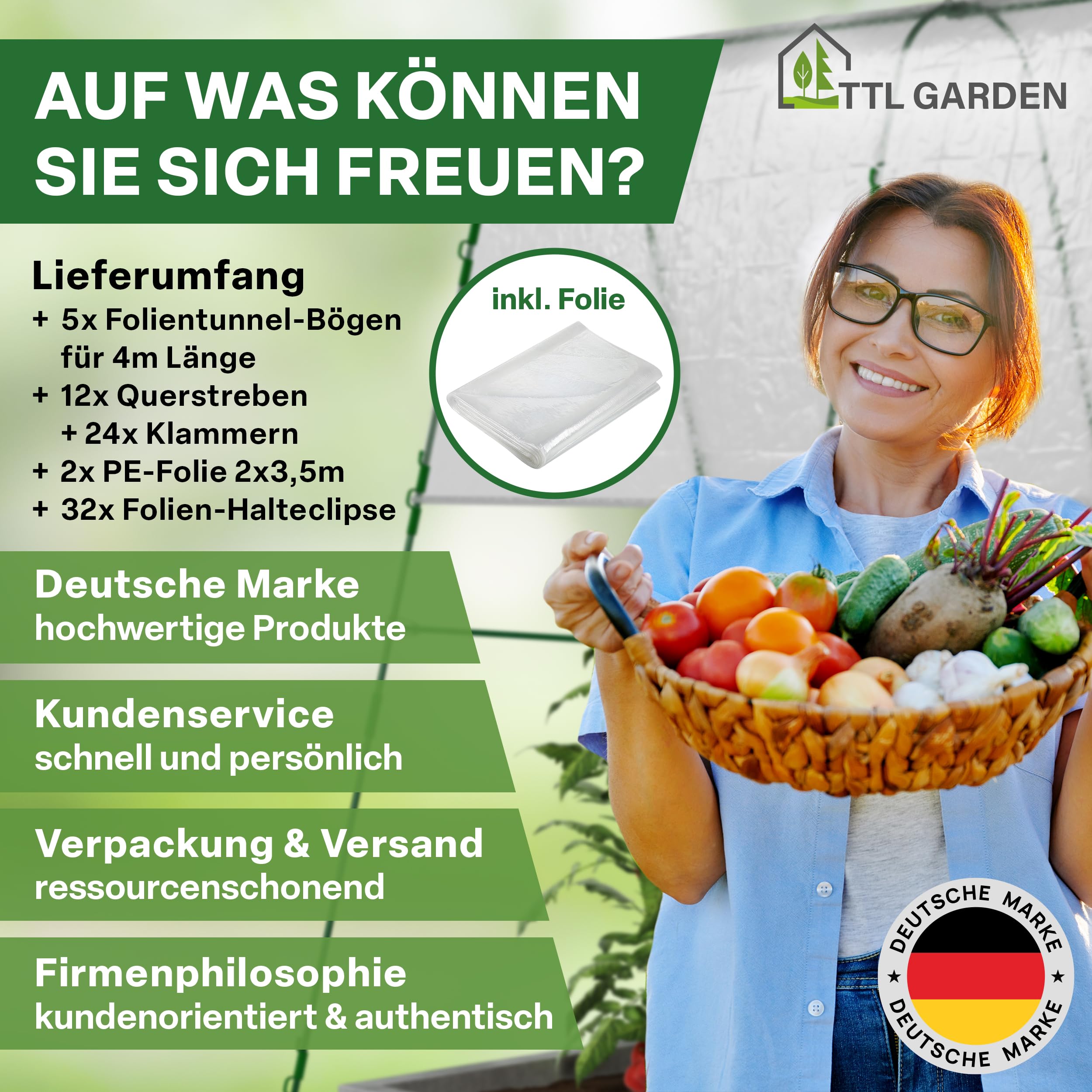 TTL GARDEN Peak XXL 400 - Túnel para plantas con lámina | - Cubierta para plantas grandes de 2 m de alto, 1,20 m de ancho, 4 m de largo, sistema de arcos de túnel, acero inoxidable