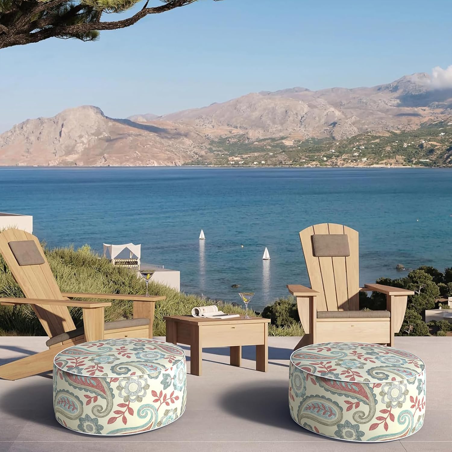 DYTXIII Inflatable Ottoman Stool D21 xH9 for Outdoor/Indoor Use, Water Repellent Patio Foot Rest with Portable Handle,Round Pouf Ottoman Suitable for Garden,Deck and Camping-Paisley Vintage