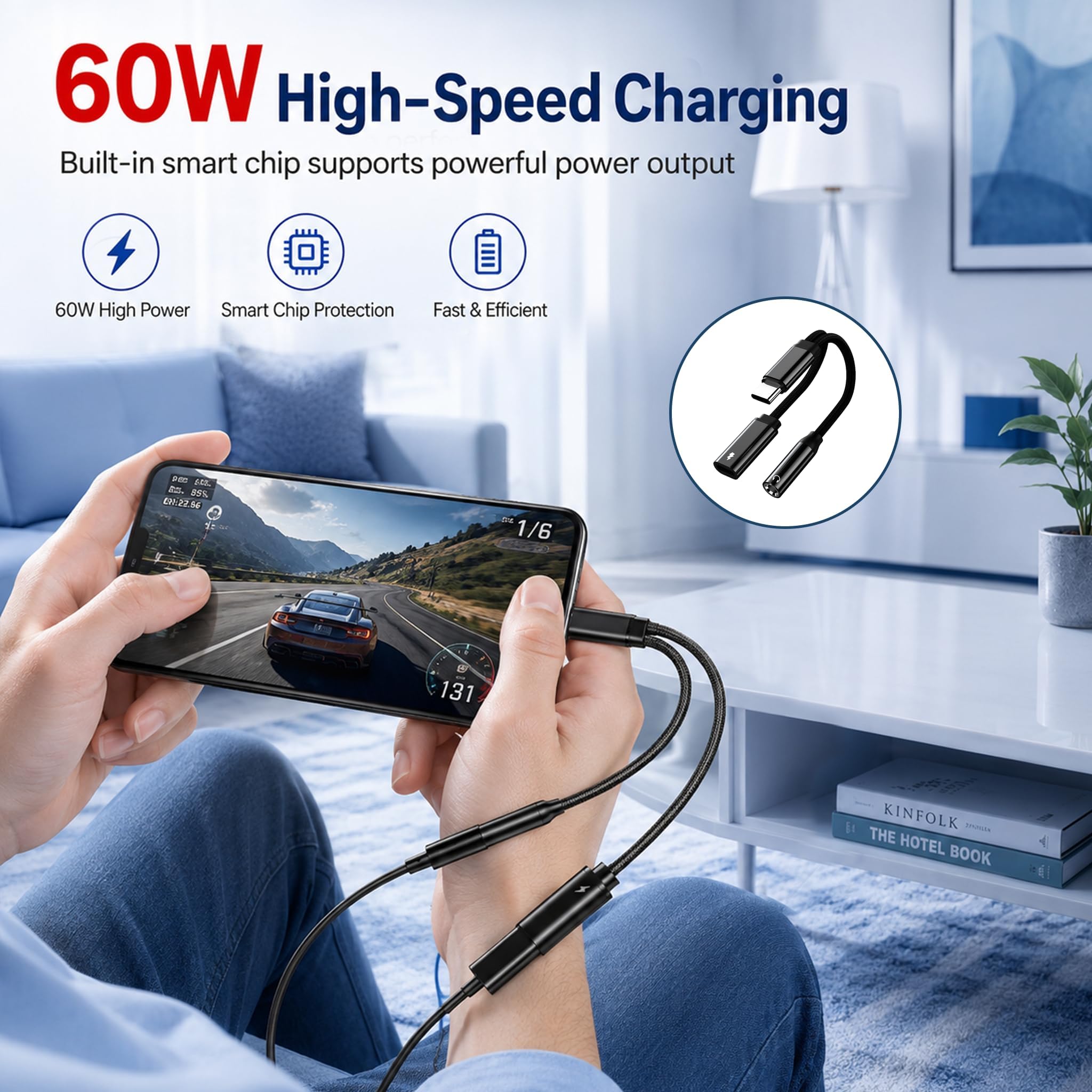 Adapter USB C Klinke 3,5 mm 2 in 1, 2 in 1 USB C auf Klinke und Ladekabel, Adapter USB C auf 3,5 mm mit Schnellladung, PD 60 W, Audio AUX DAC, Typ C Stecker, Dual Port Kopfhörer und kompatibel mit