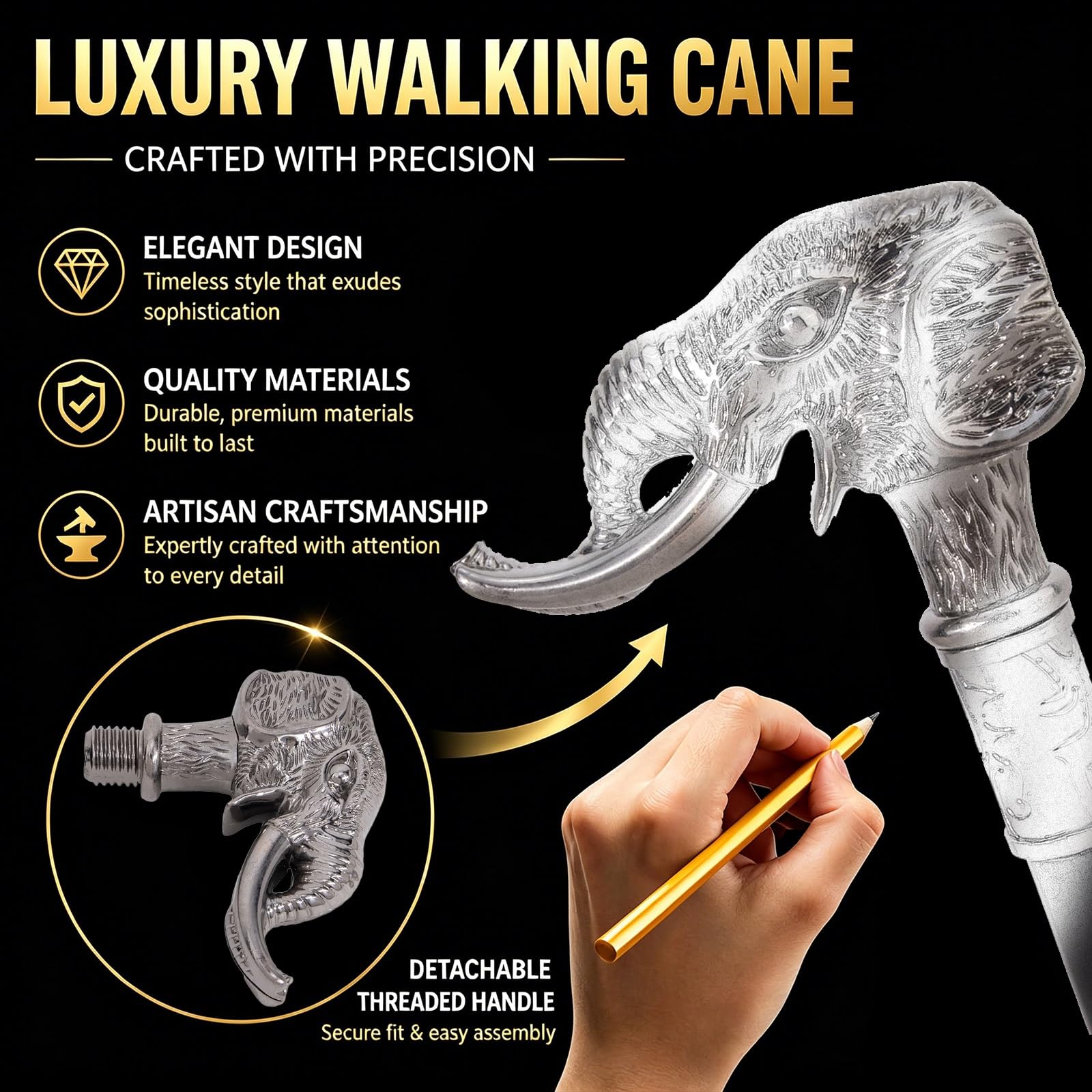 Bastón con Empuñadura de Elefante Plateado para Personas Mayores | Plegable, punta de goma antideslizante, uso diario, viaje, agarre cómodo, acero resistente, ligero, plateado
