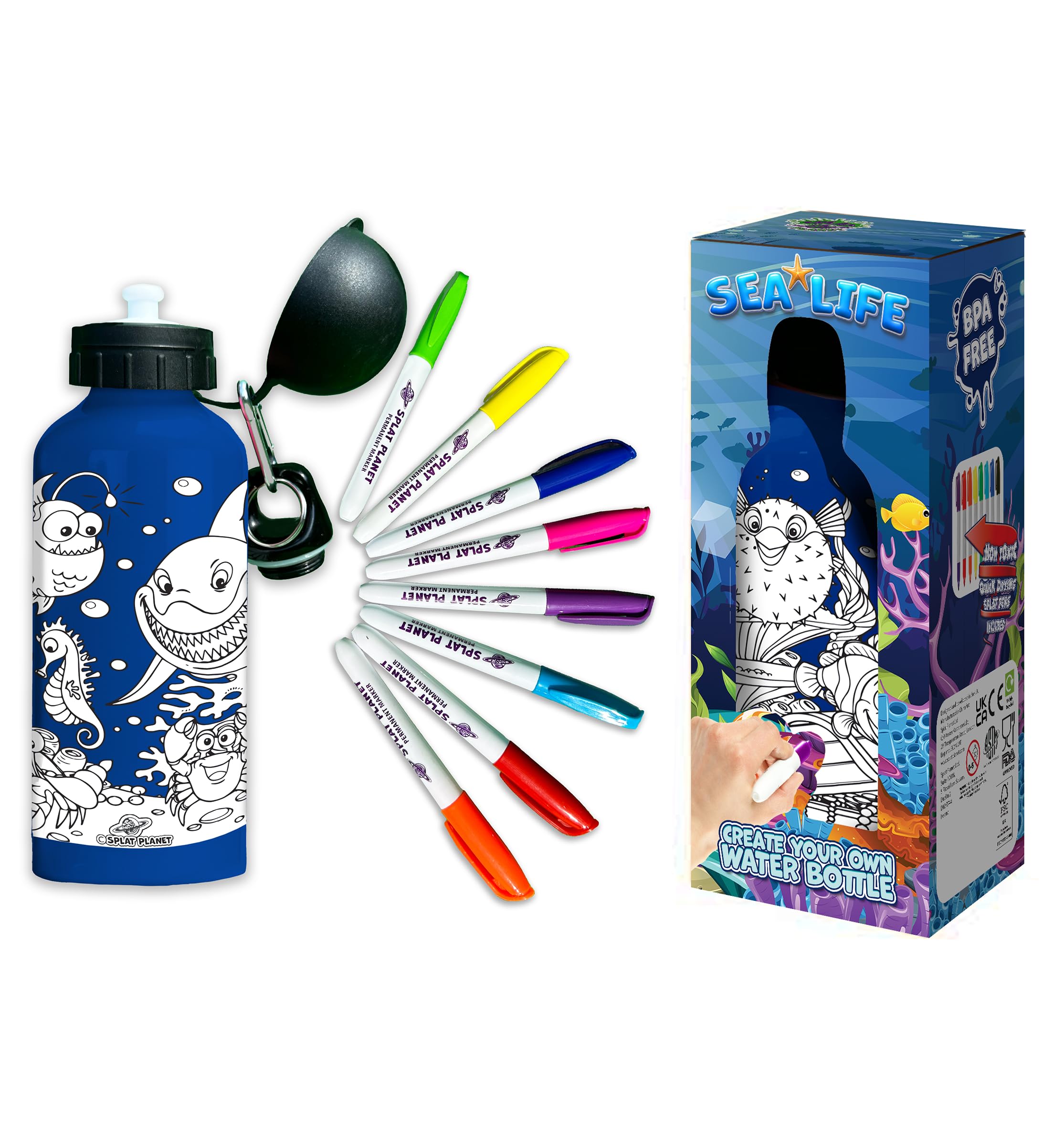 Splat Planet Décore ta propre Gourde, colorie-la ! Cadeau Pour Enfants, Gourde 600 ml (Sea Life)