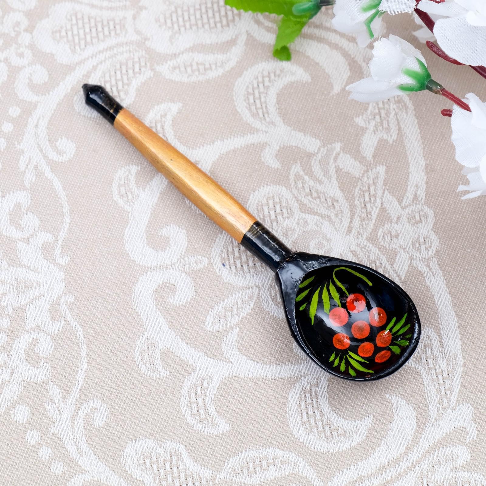 AEVVV Juego de 6 cucharas de madera rusas pintadas a mano Khokhloma tradicional eslavo estilo folclórico decoración rojo dorado negro abedul utensilios coleccionables