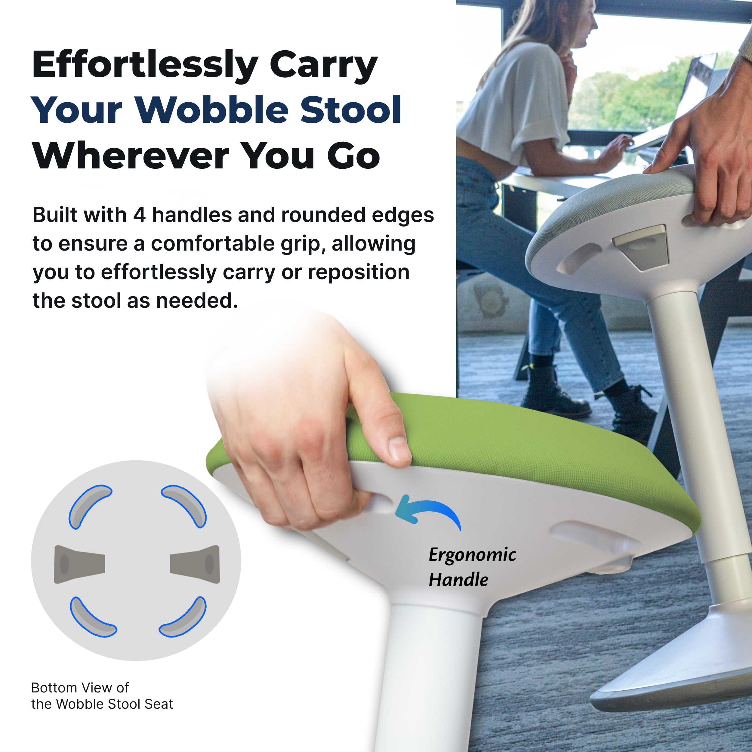 Backerz Sgabello ergonomico - Sgabello da ufficio - Vincitore del test - 55-80 cm - Altezza regolabile con funzione dondolo - Sedia da ufficio ergonomica antiscivolo - Sedia Scrivania - Verde