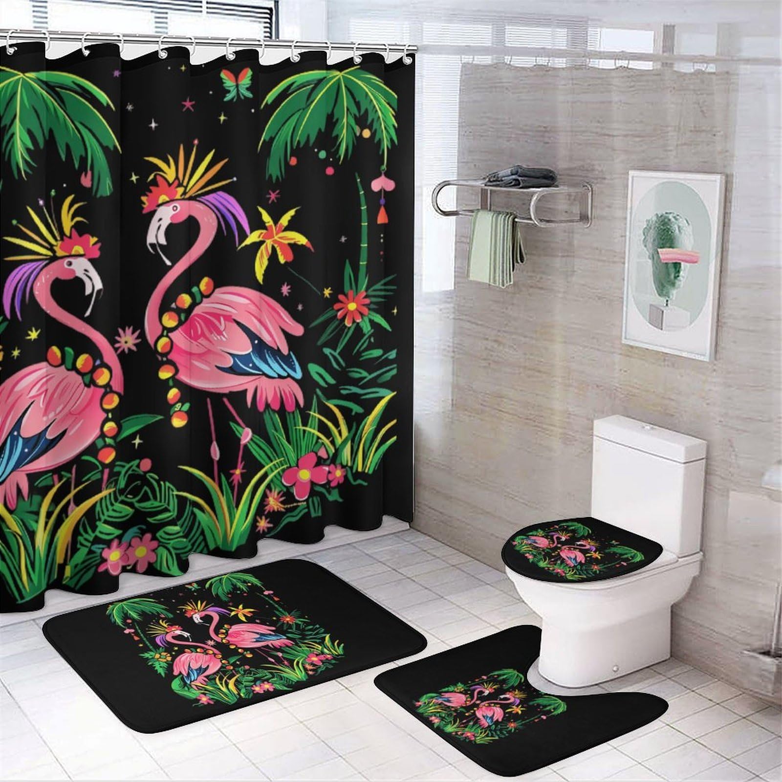 CGSBNGHA Flamingo Mardi And Gras Day Shower Curtain Set 4 Piece Bathroom Sets with Rugs Toilet Lid Cover And U-Shaped Floor Mat