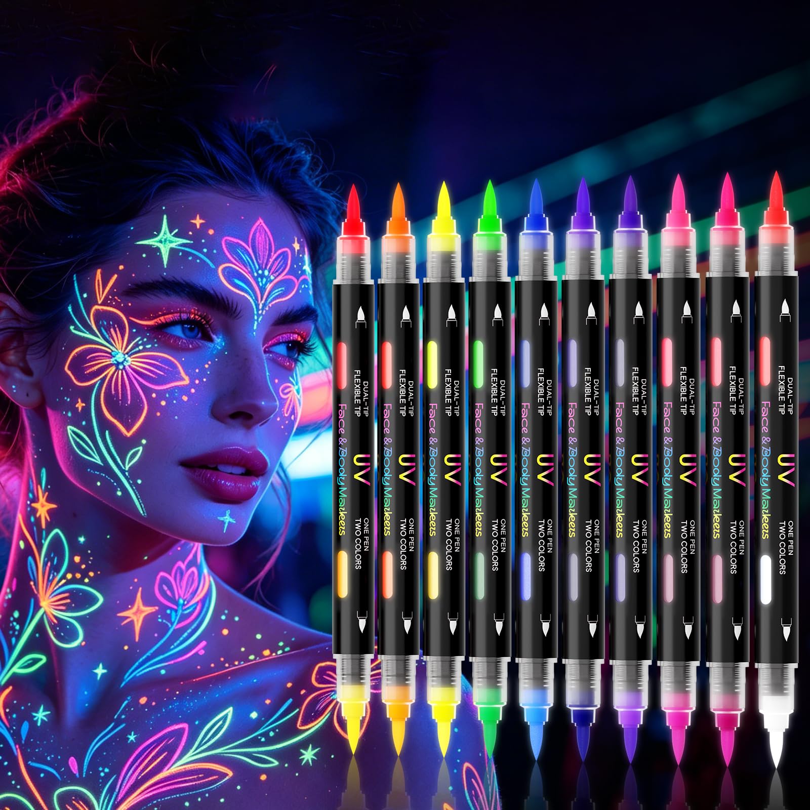20 Colors 10Pcs Dual Tip UV Neon Face & Body Paint Markers, Glow Fluorescent Washable Skin Safe Tattoo Pens, Halloween Rave Festival Party Cosplay Art Makeup Painting Kit (20 colors 10Pcs)