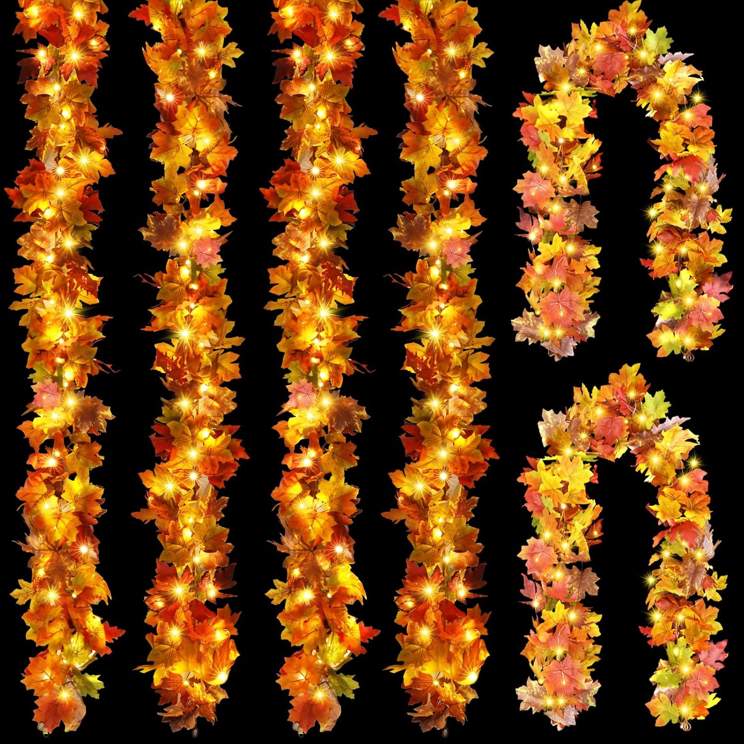 6PCS Fall Garland with Light, 5.9Ft/Pcs Fall Leaves Decor Garland Lights 40Ft LED Artificial Fall Leaves Autumn Garland Halloween Indoor Outdoor Fall Decorations for Thanksgiving Autumn Harvest Party 6 Pack with LED Light