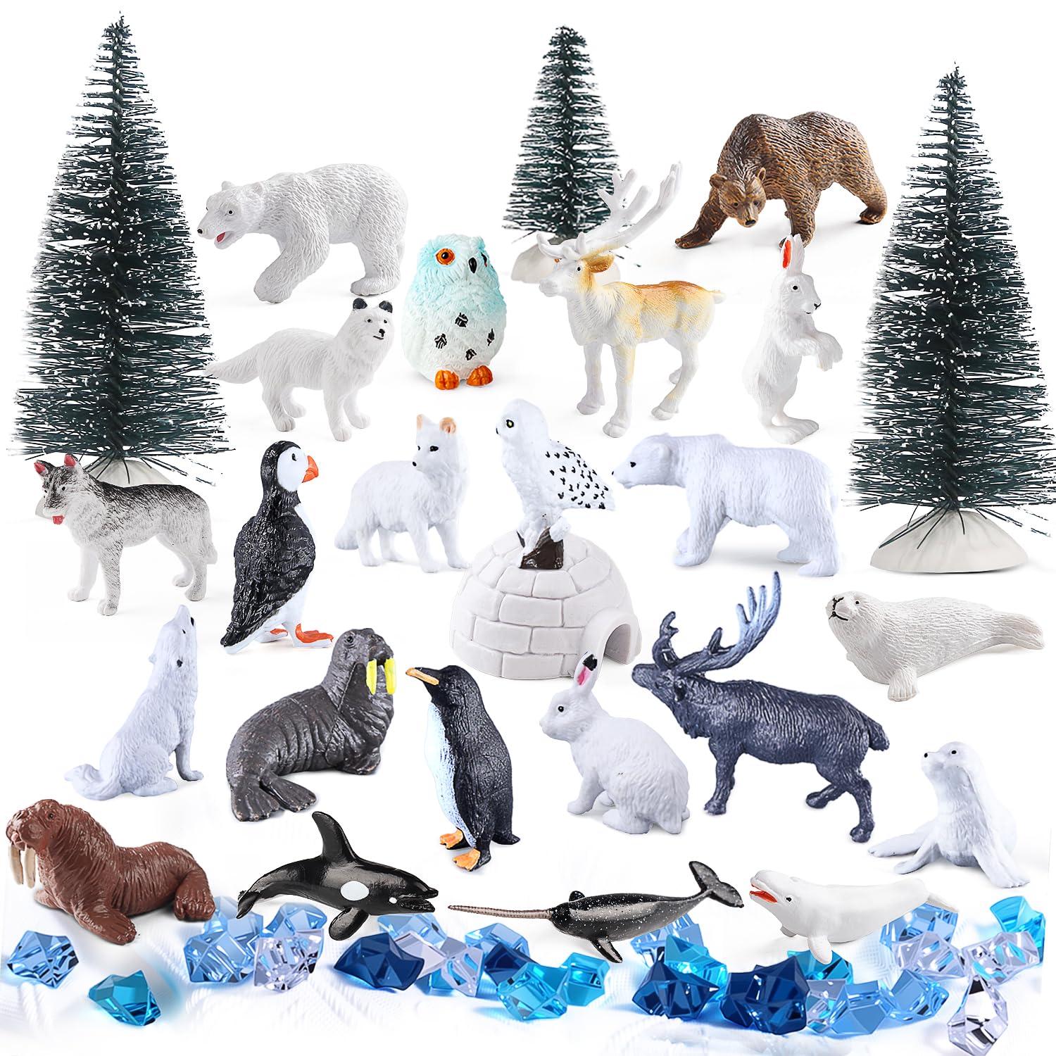 kukifun 56Pcs Arctic Animal Toy, Mini Figures Polar Bear, Penguin, Caribou, Snowy Owl, Pine Trees