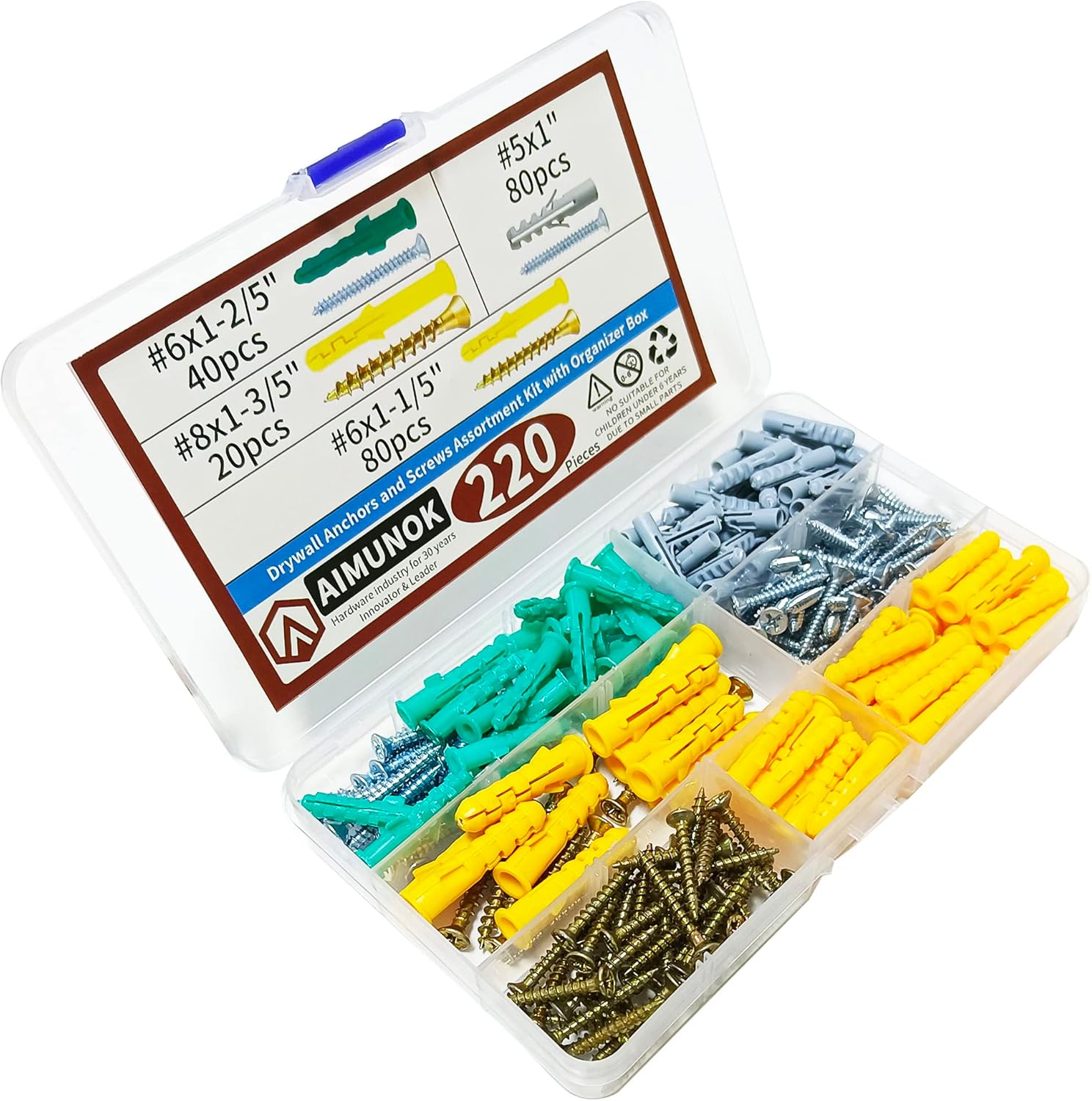 AIMUNOK 220PCS Drywall Anchors and Screws Assortment Kit, 110 Plastic Wall Anchors and 110 Flat Head Screws