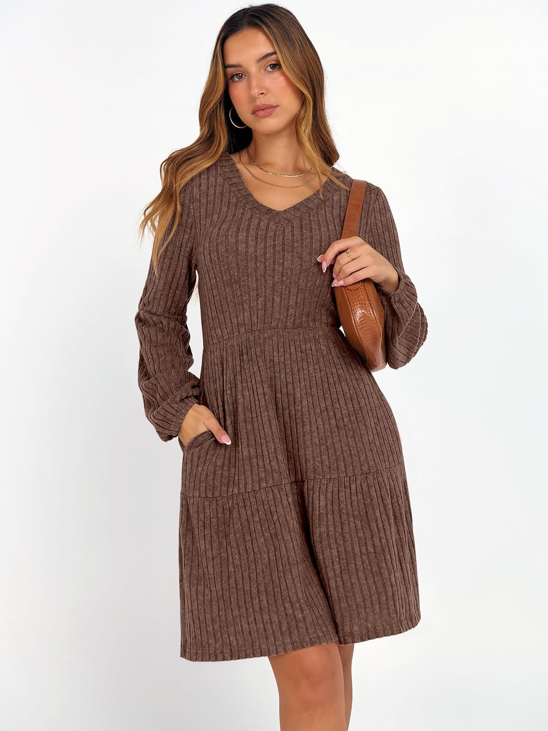 ANRABESS Women's Long Lantern Sleeve Ribbed Knit Dresses V Neck Casual 2025 Fall Winter Flowy Swing Tunic Sweater Short Dress - Image 2